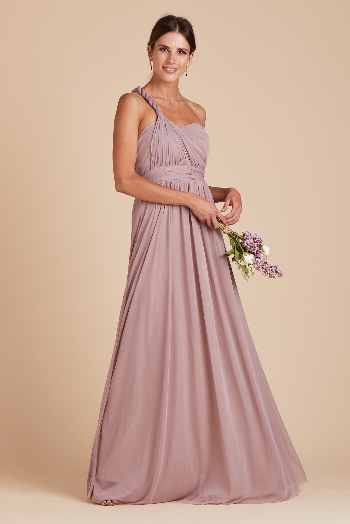 Chicky convertible bridesmaid dress in mauve purple mesh by Birdy Grey, side view