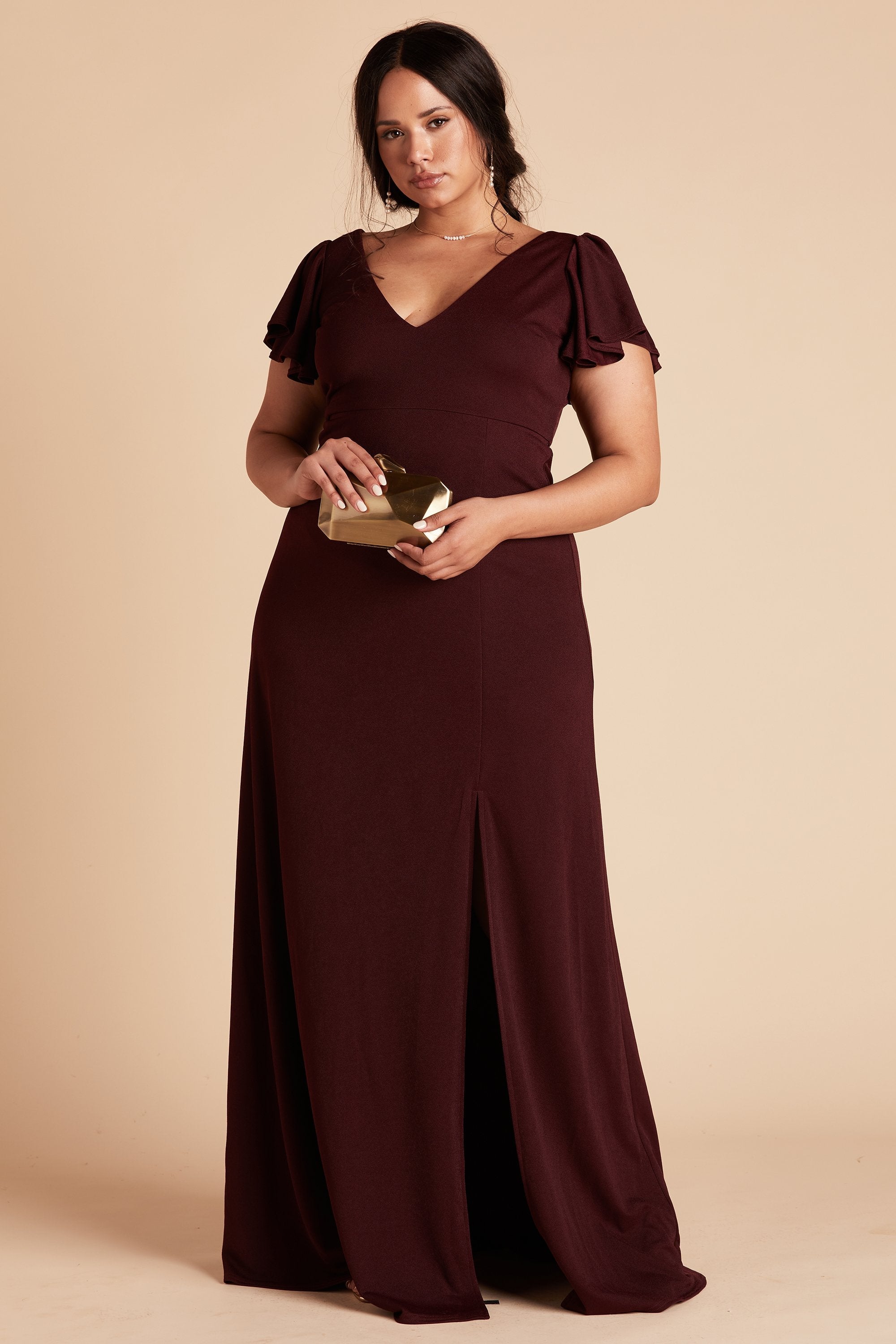 Hannah plus size bridesmaid dress with slit in cabernet burgundy crepe by Birdy Grey, front view