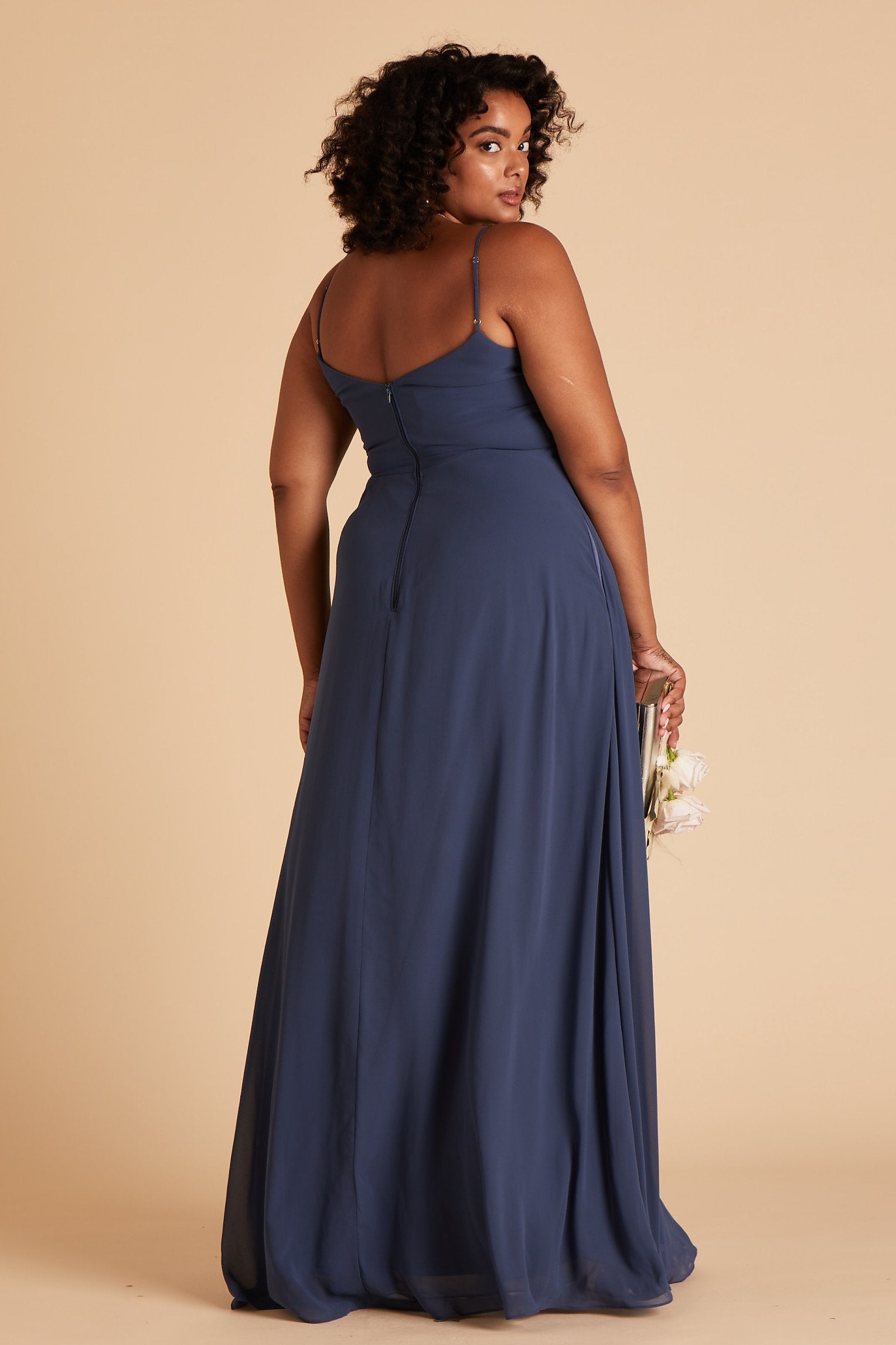 Devin convertible plus size bridesmaids dress in slate blue chiffon by Birdy Grey, back view