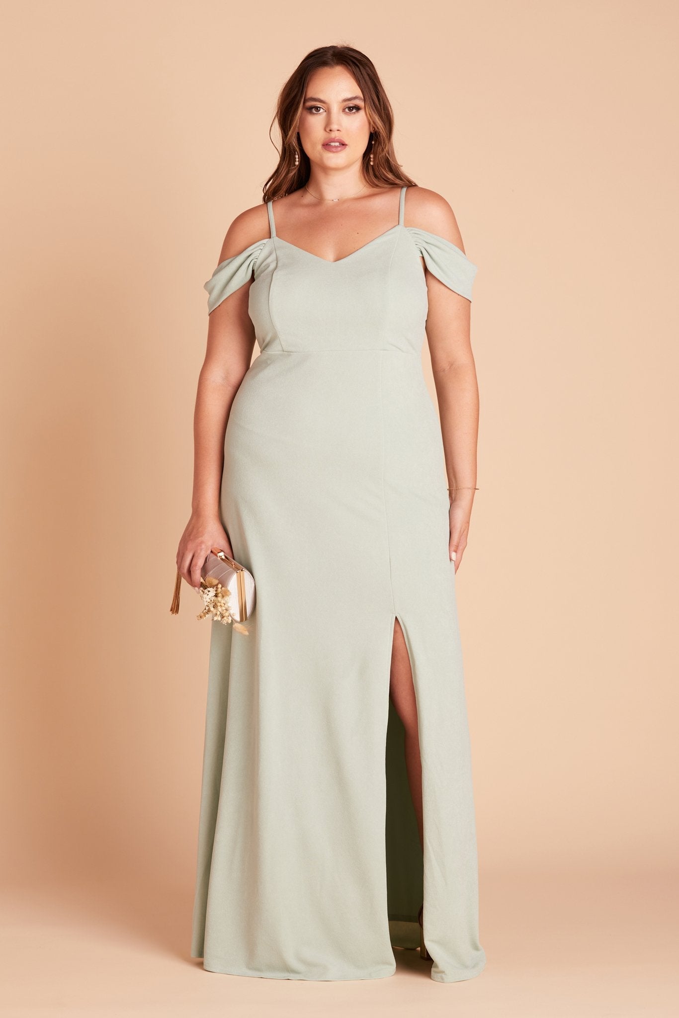 Dev plus size bridesmaid dress with slit in sage green crepe by Birdy Grey, front view