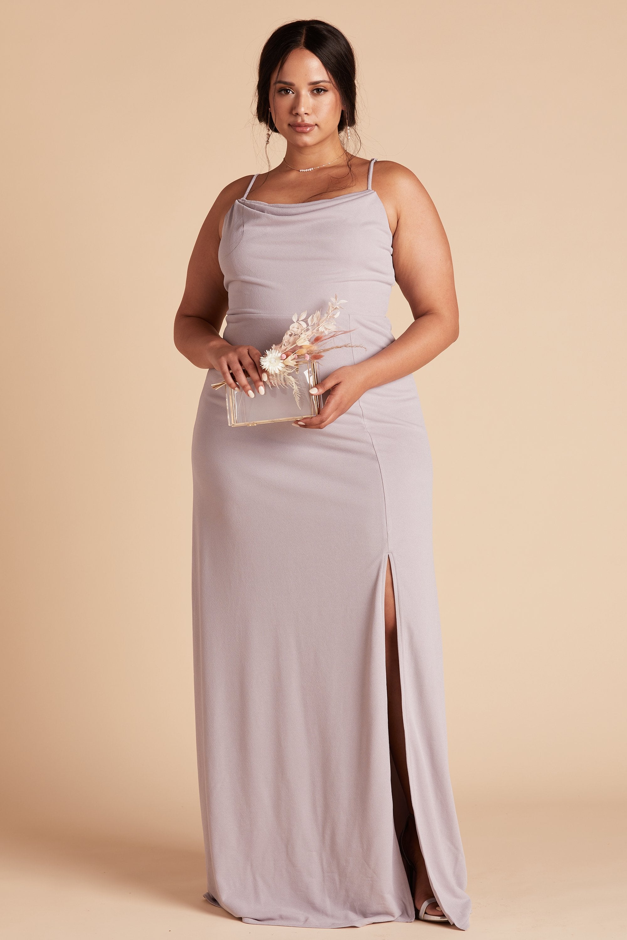 Ash plus size bridesmaid dress with slit in lilac purple crepe by Birdy Grey, front view