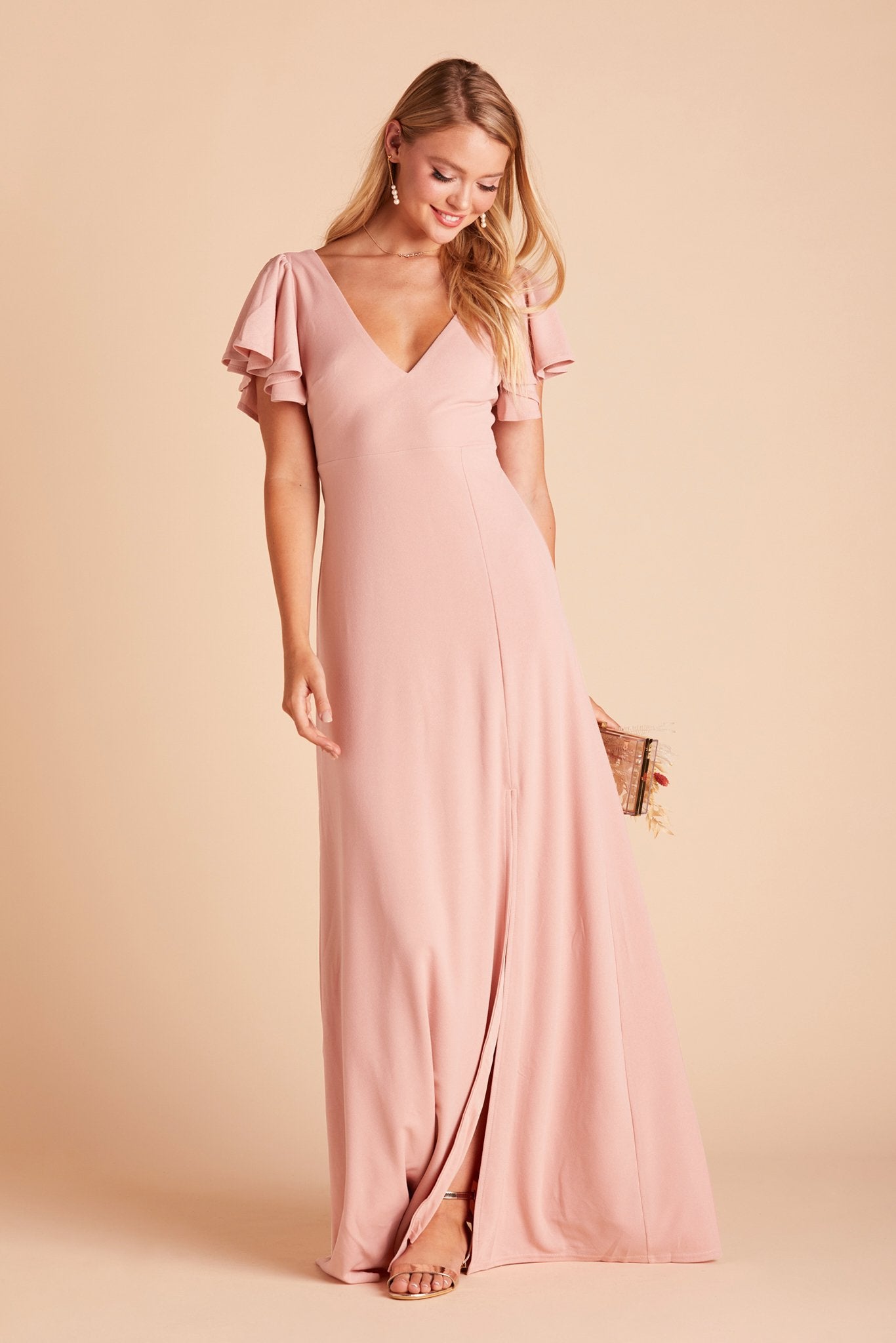 Hannah bridesmaid dress with slit in dusty rose crepe by Birdy Grey, front view
