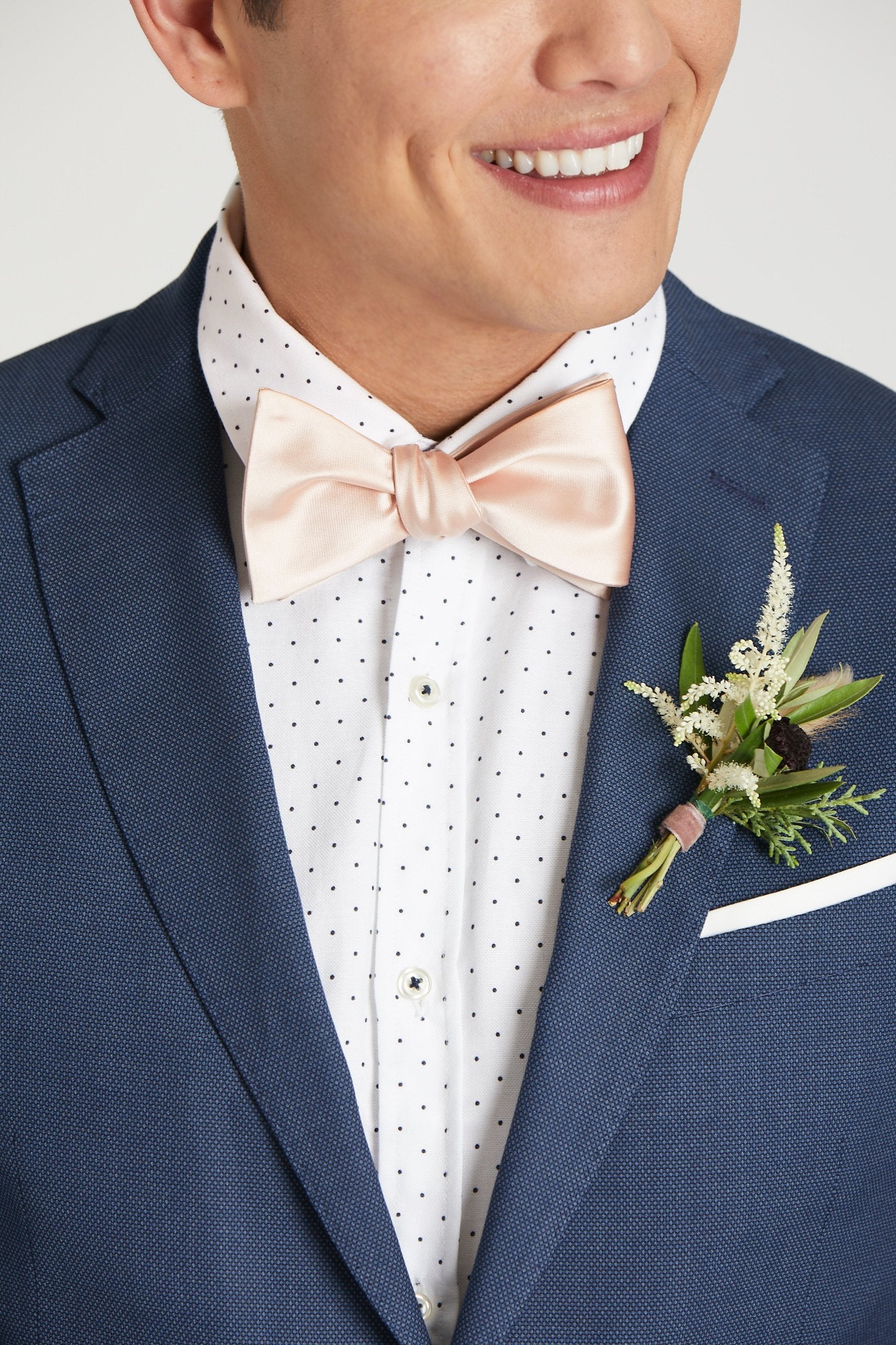 Daniel Bow Tie in pale blush sateen by Birdy Grey, front view
