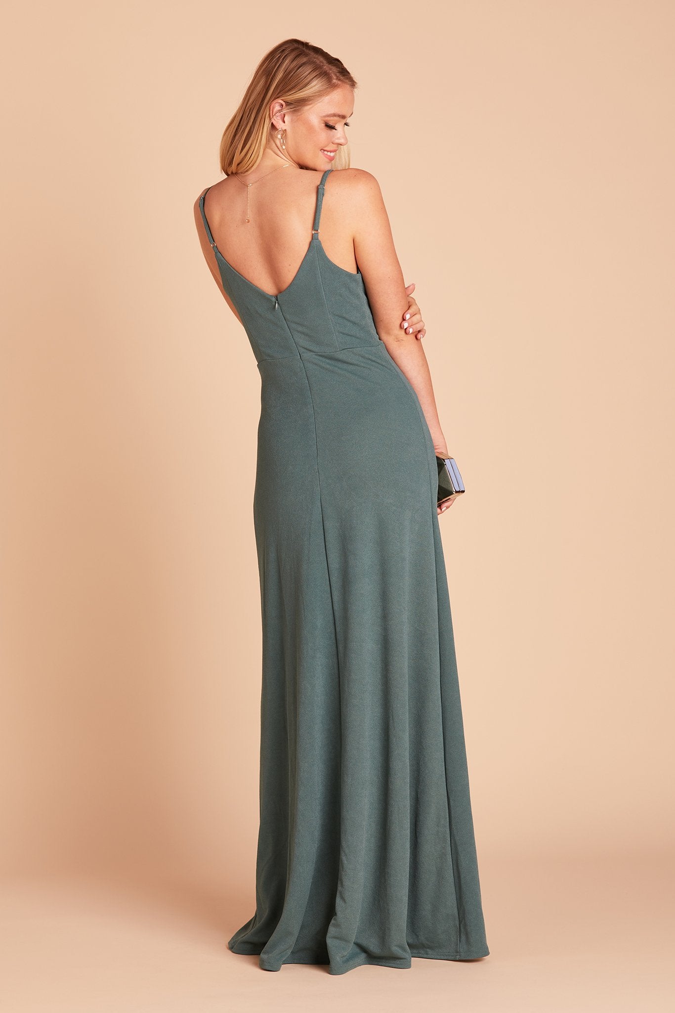 Jay bridesmaid dress with slit in sea glass green crepe by Birdy Grey, back view