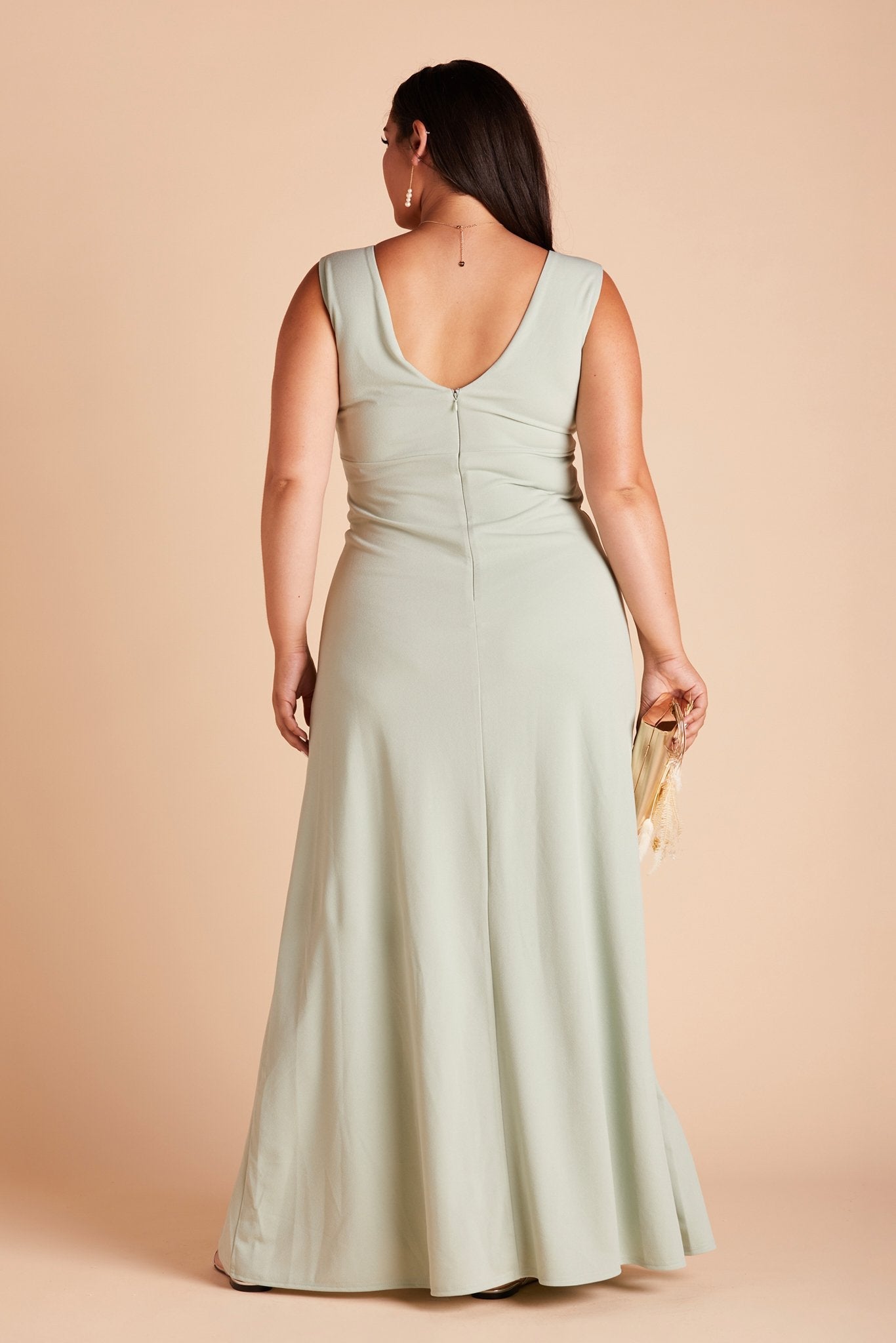 Shamin plus size bridesmaid dress in sage green crepe by Birdy Grey, back view