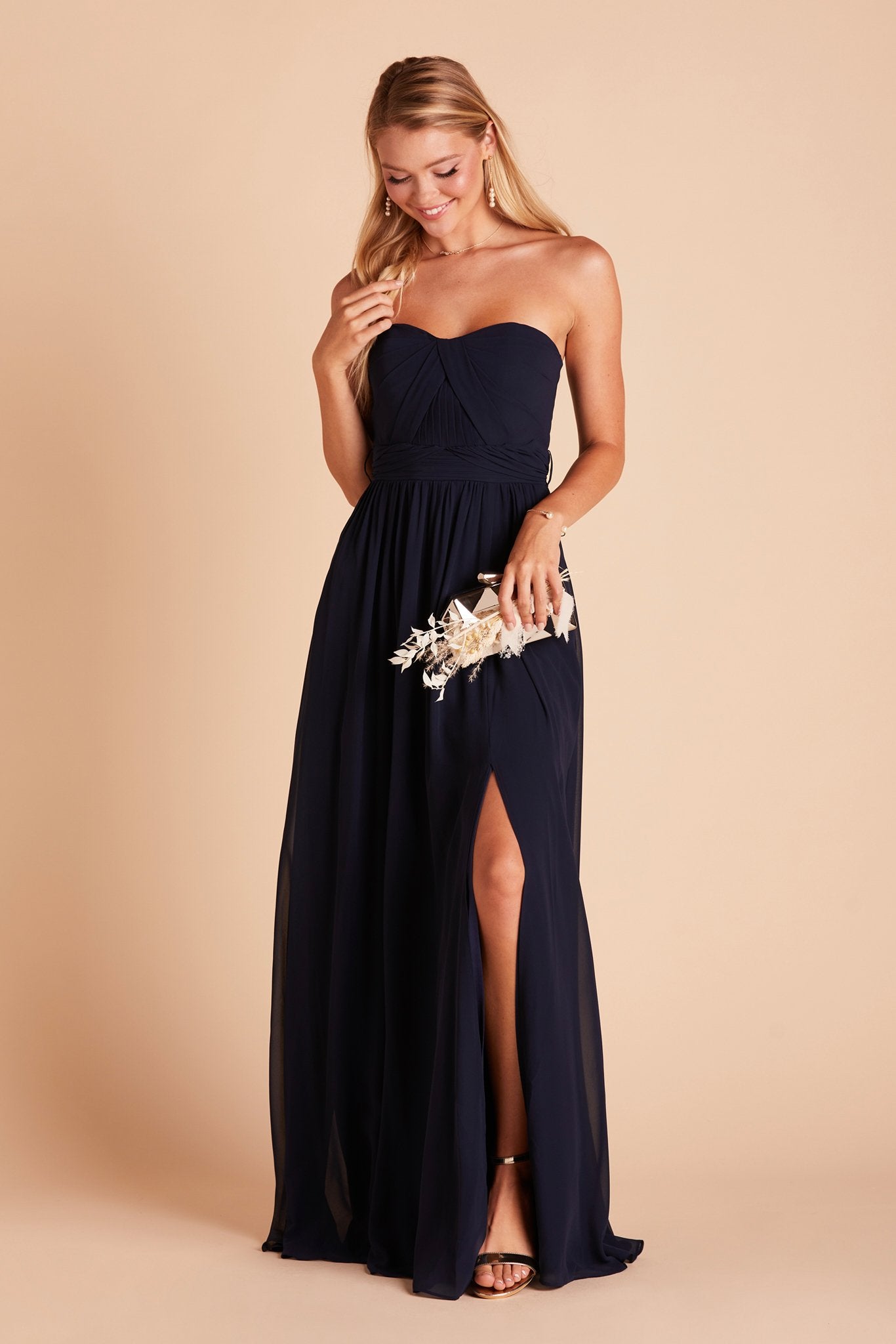 Grace convertible bridesmaid dress in navy blue chiffon with slit by Birdy Grey, front view