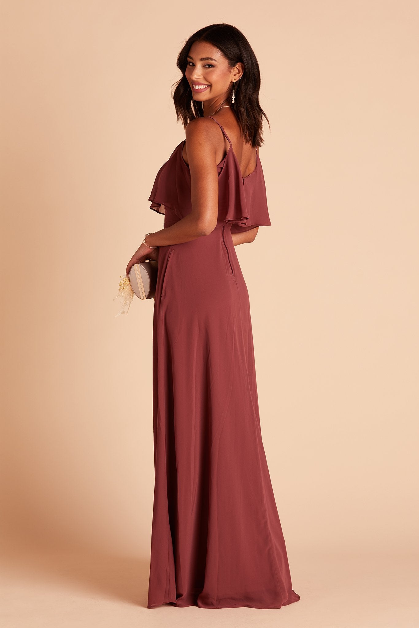 Jane convertible bridesmaid dress with slit in rosewood chiffon by Birdy Grey, side view
