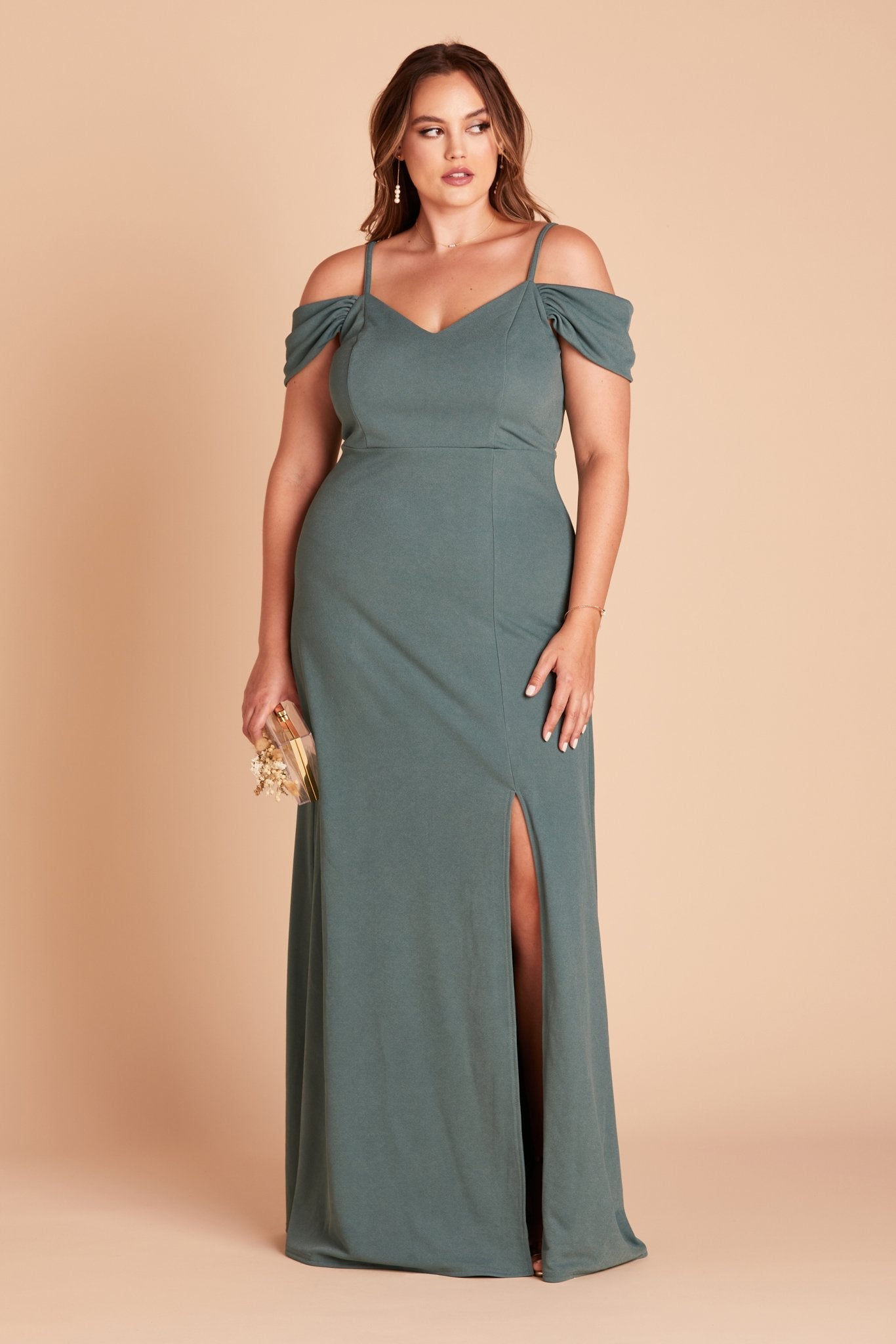 Dev plus size bridesmaid dress with slit in sea glass green crepe by Birdy Grey, front view