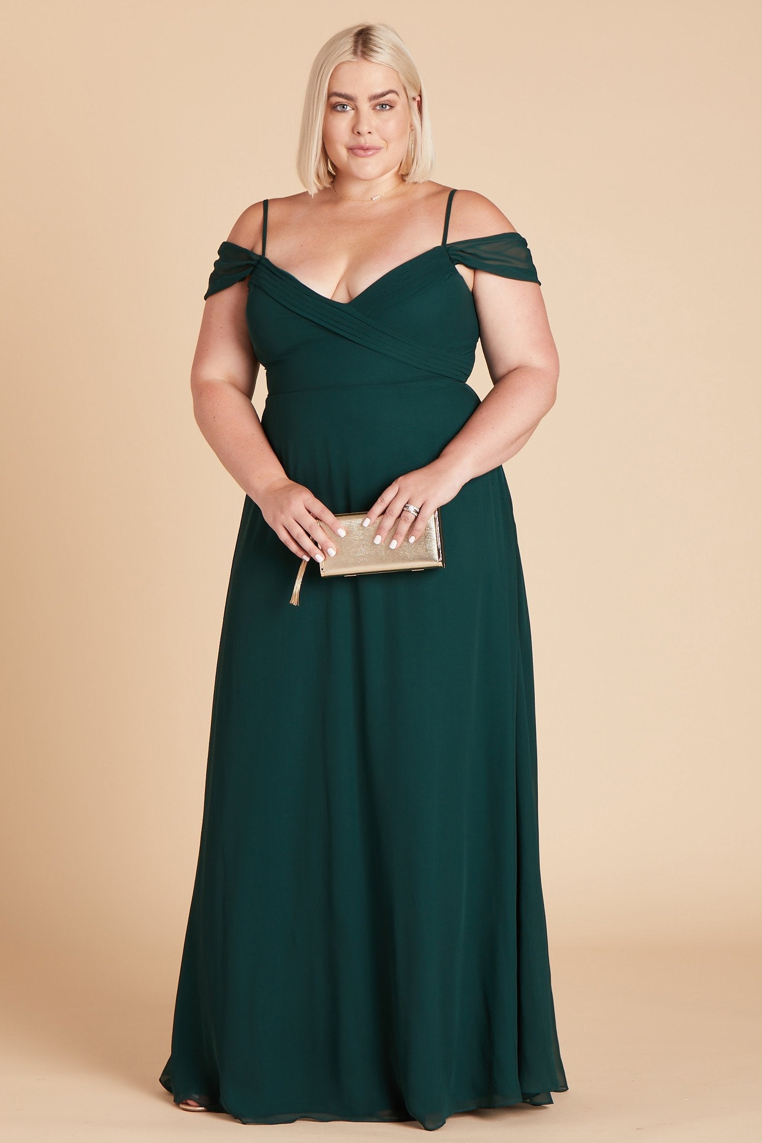 Spence convertible plus size bridesmaid dress in emerald green chiffon by Birdy Grey, front view