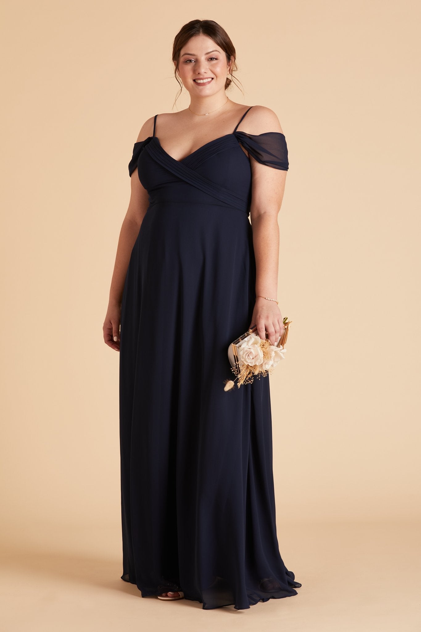 Spence convertible plus size bridesmaid dress in navy blue chiffon by Birdy Grey, front view