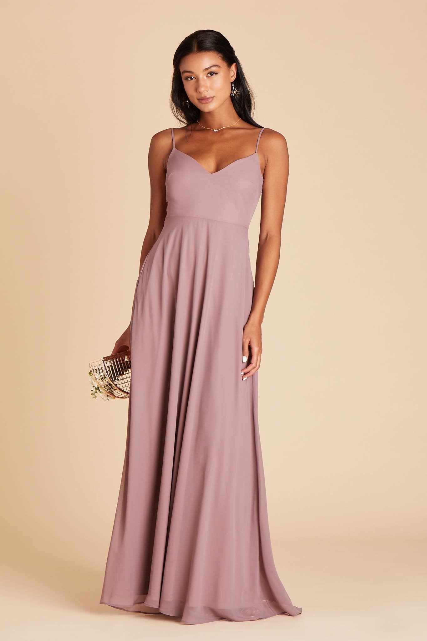 Devin convertible bridesmaid dress in dark mauve chiffon by Birdy Grey, front view