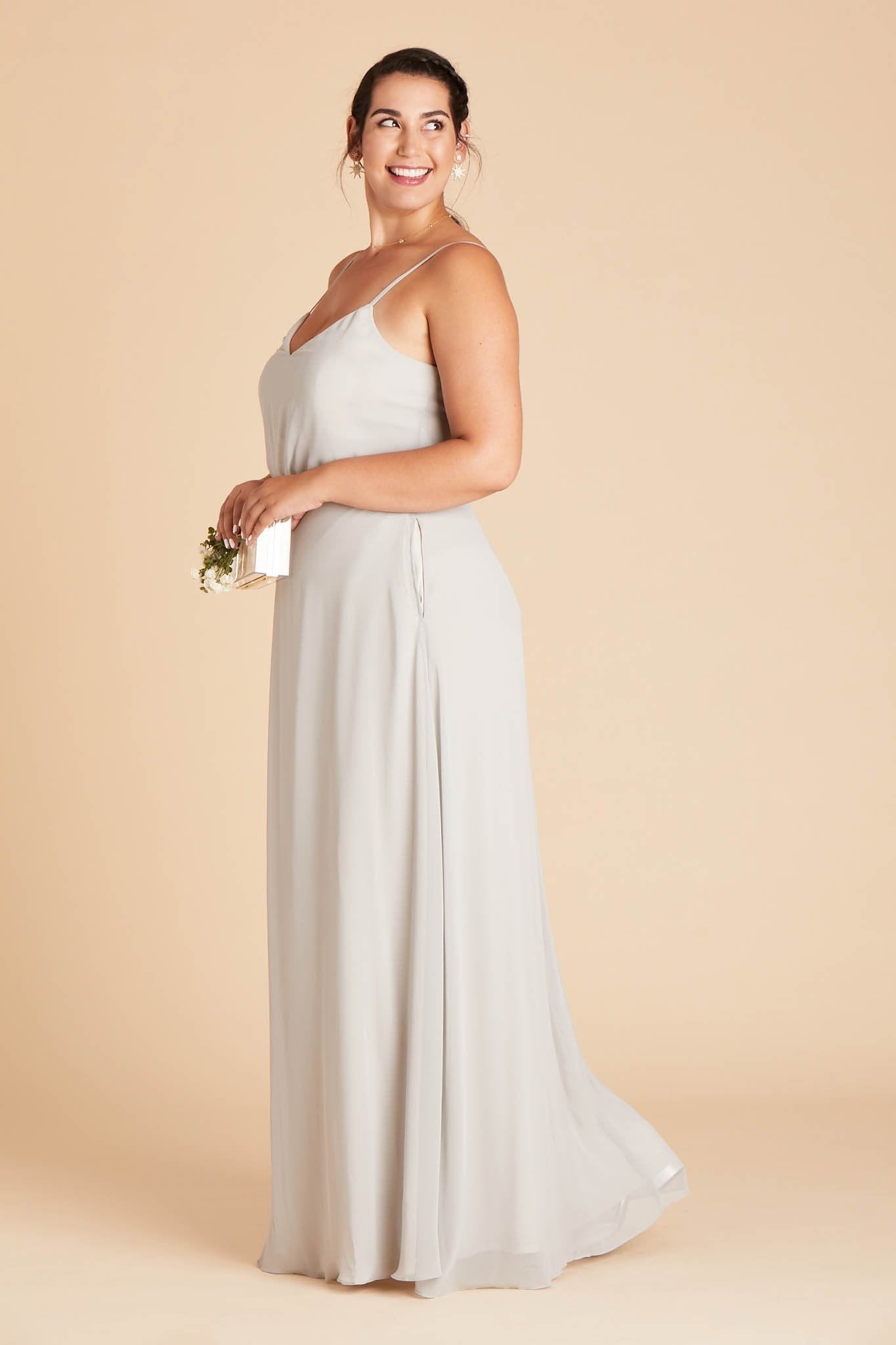 Gwennie plus size bridesmaid dress in dove gray chiffon by Birdy Grey, side view
