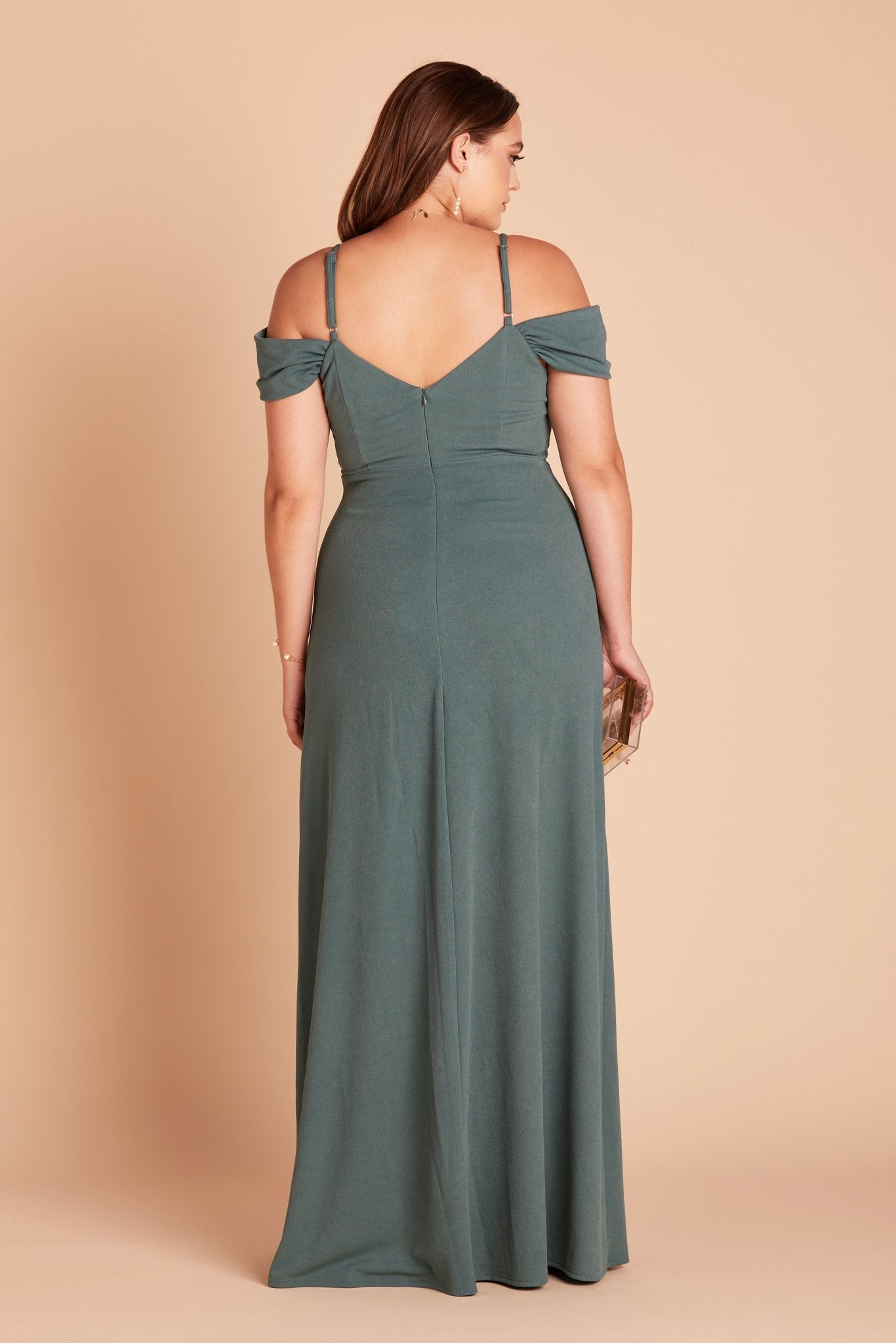 Dev plus size bridesmaid dress with slit in sea glass green crepe by Birdy Grey, back view