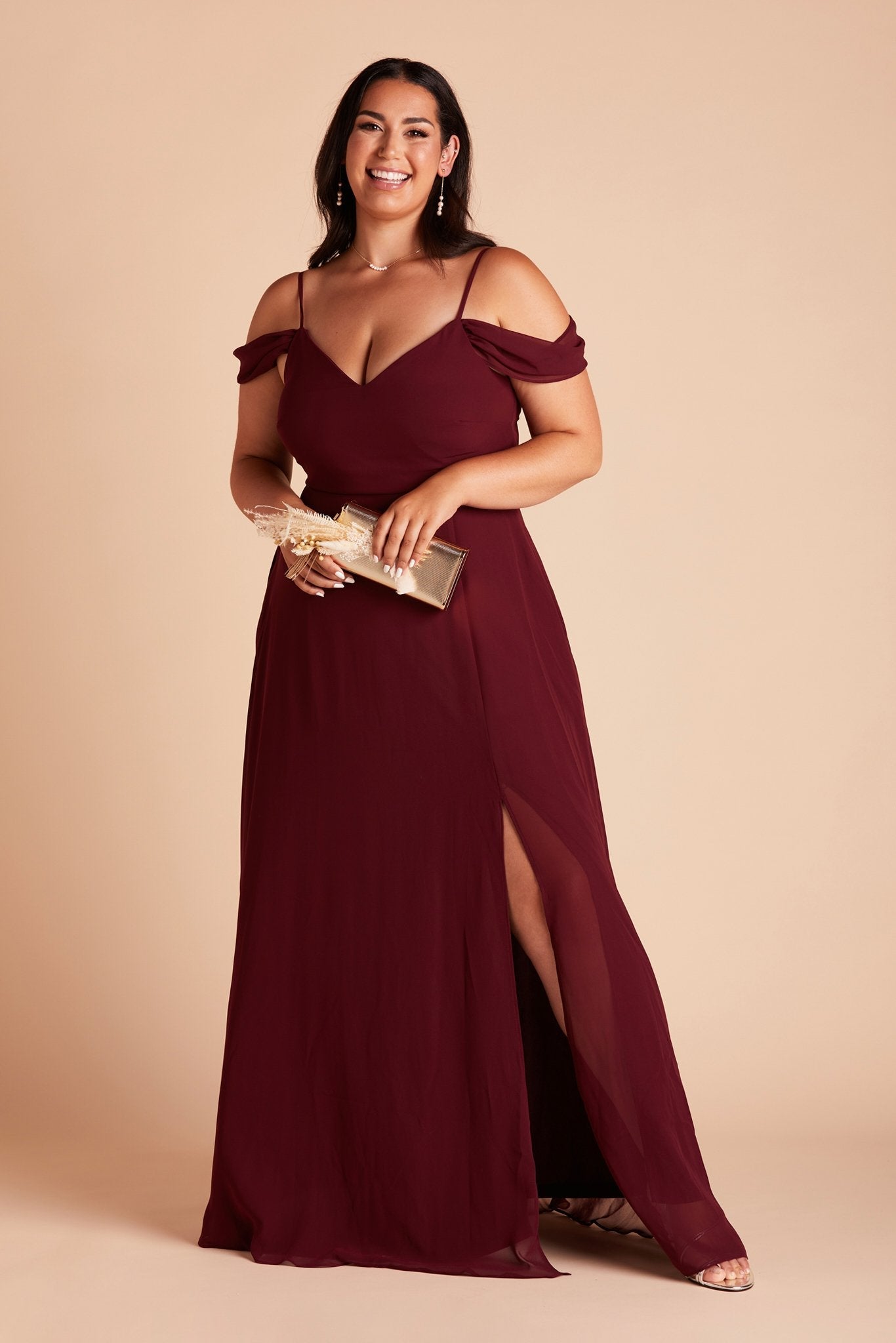 Devin convertible plus size bridesmaid dress with slit in cabernet burgundy chiffon by Birdy Grey, front view