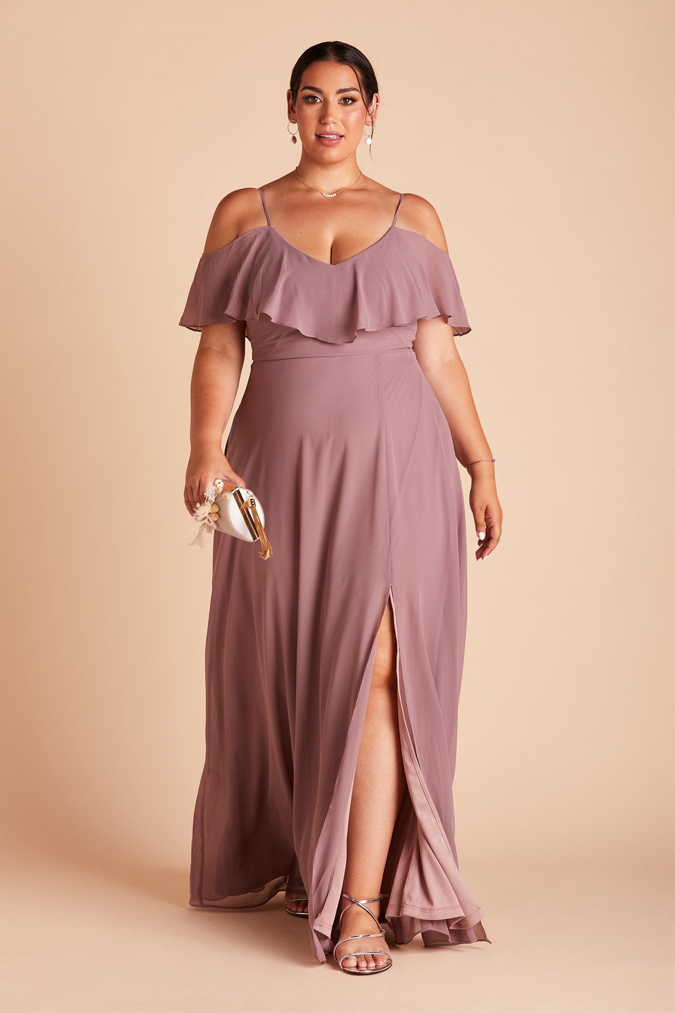 Jane convertible plus size bridesmaid dress with slit in dark mauve chiffon by Birdy Grey, front view