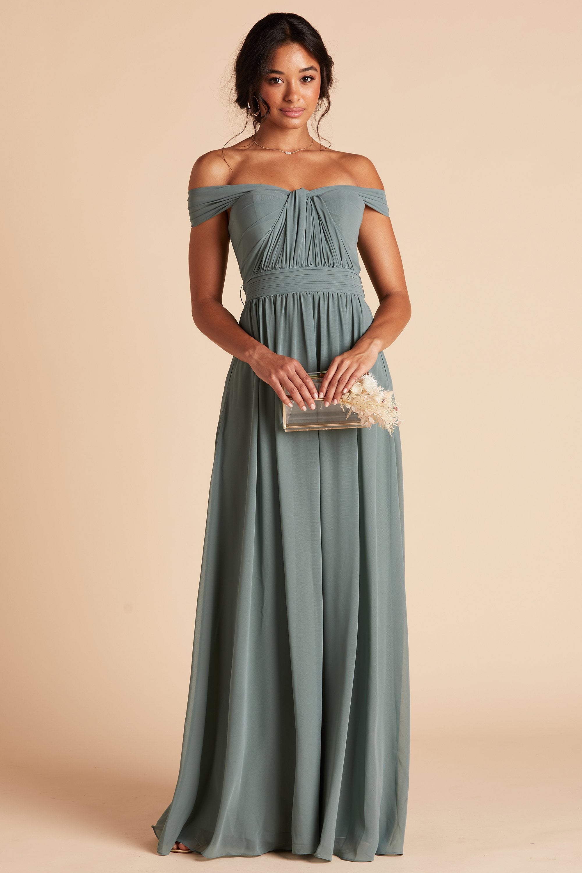 Front view of the floor-length Grace Convertible Bridesmaid Dress in sea glass chiffon by Birdy Grey features a sweetheart neckline with front streamers draped gracefully over each arm for an off-the-shoulder look.