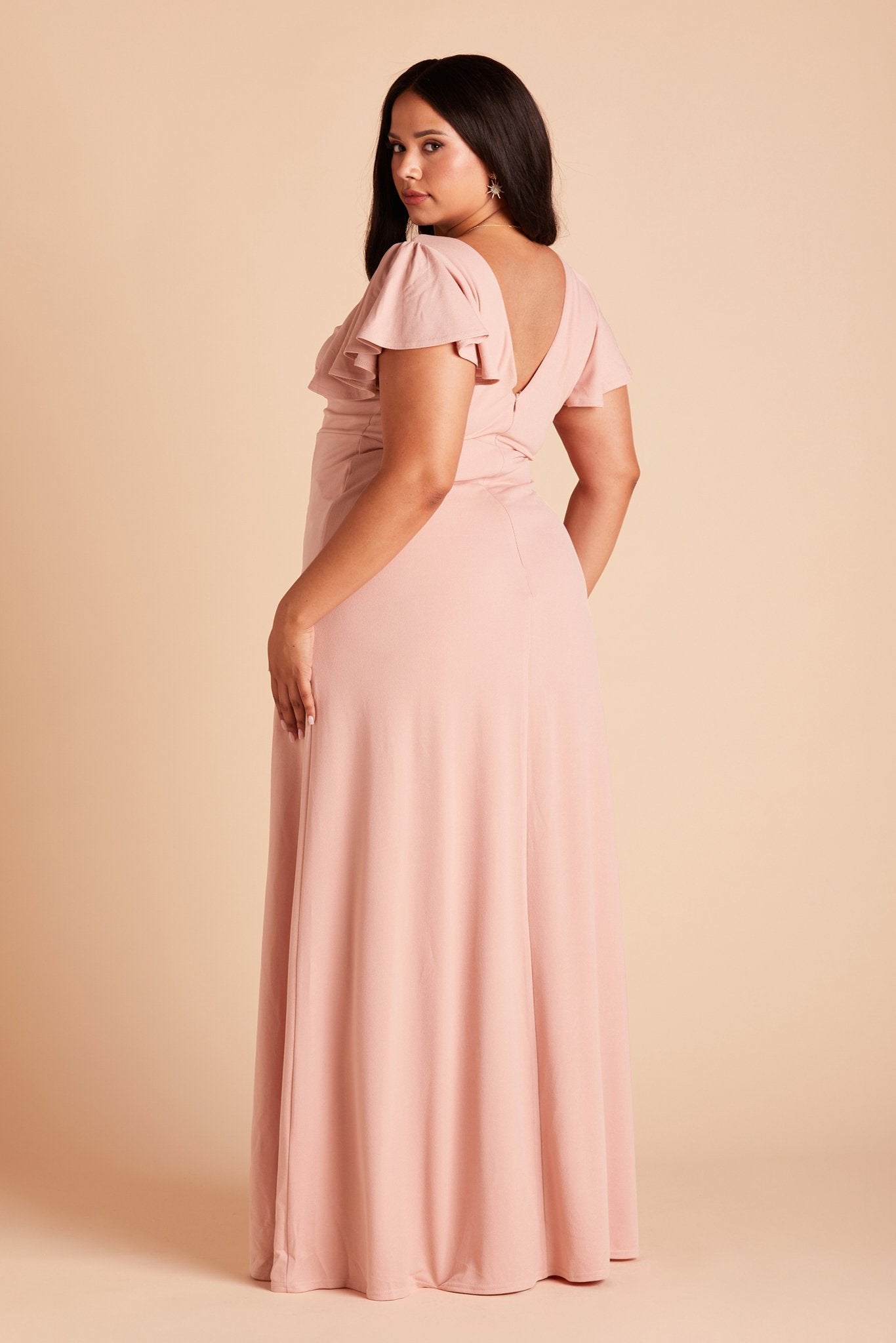 Hannah plus size bridesmaid dress with slit in dusty rose crepe by Birdy Grey, side view