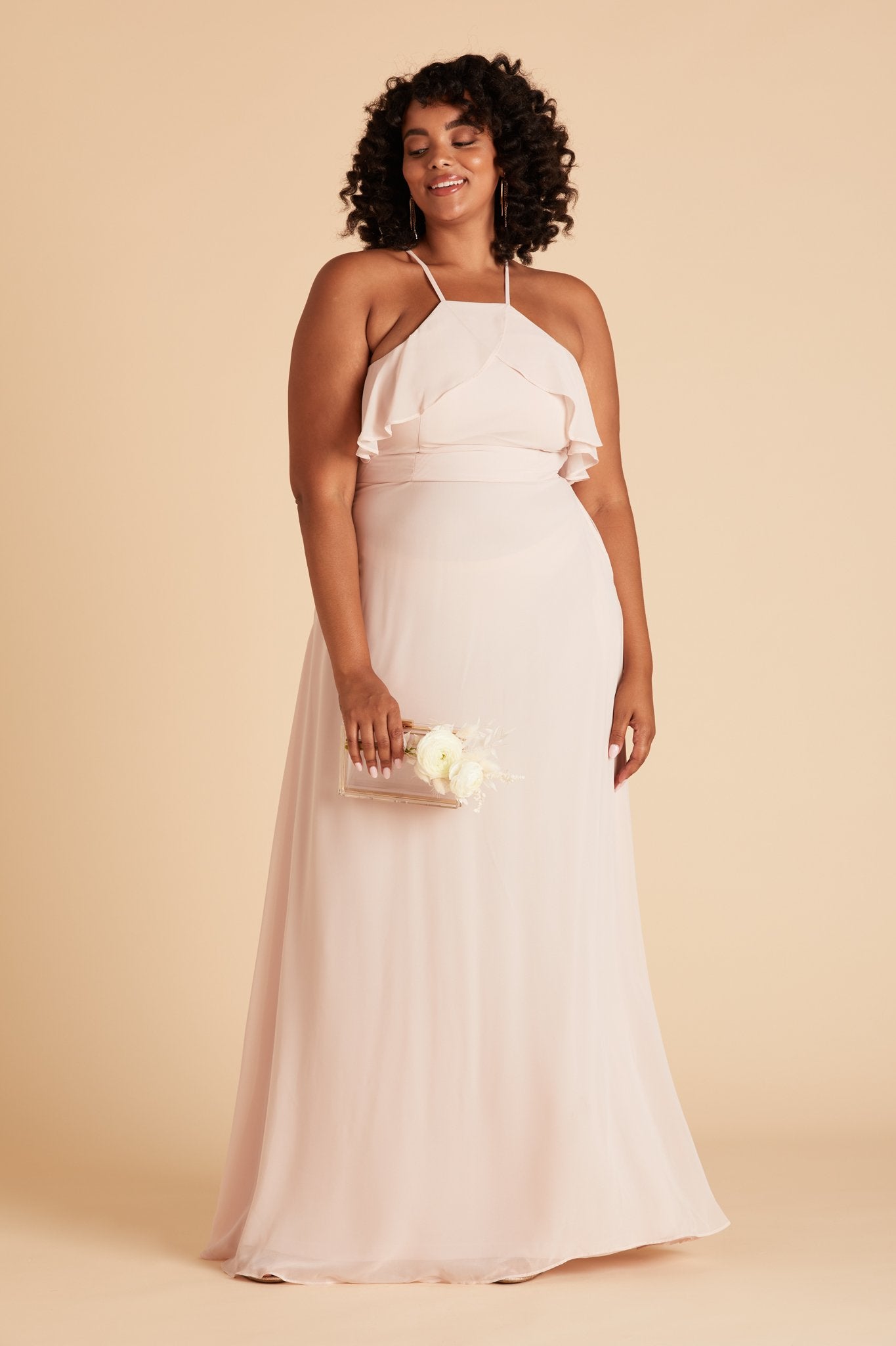 Jules plus size bridesmaid dress in pale blush chiffon by Birdy Grey, front view