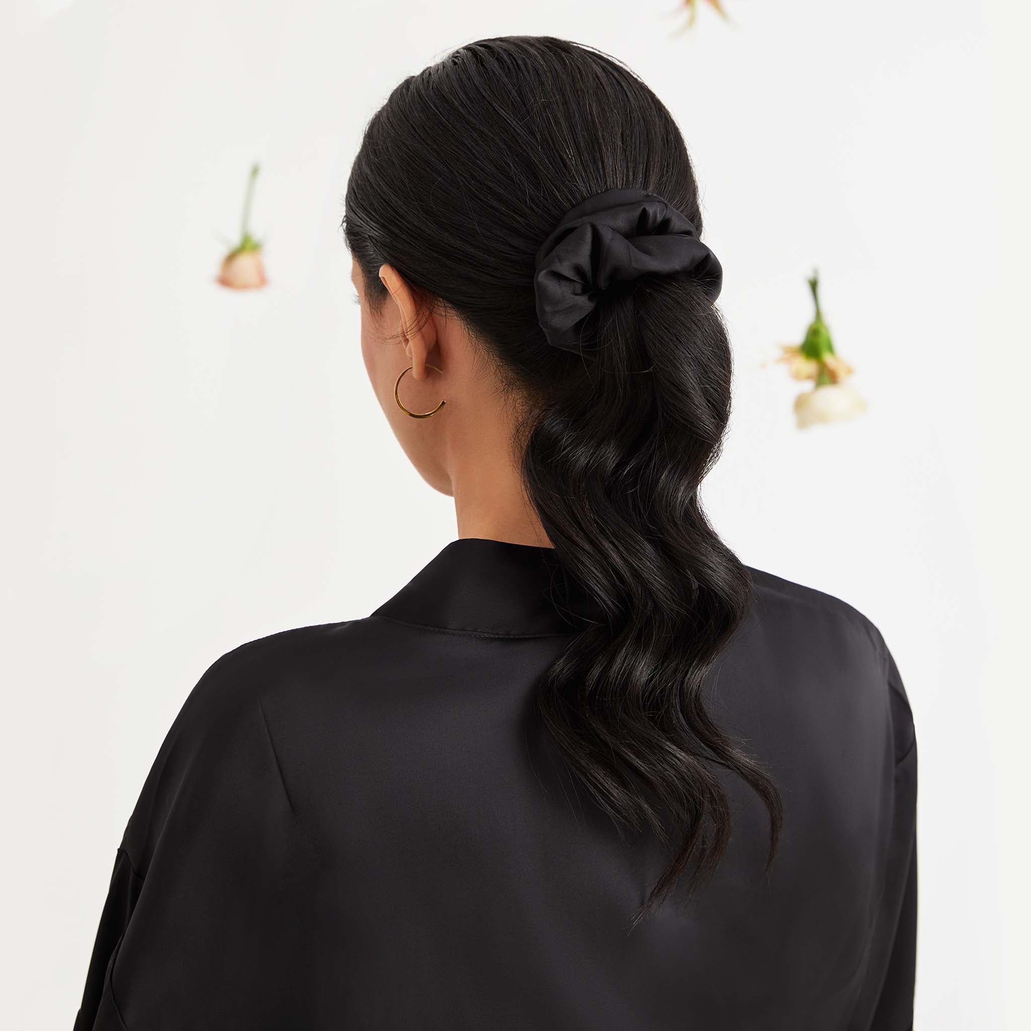 Scrunchie in Black Satin by Birdy Grey, front view