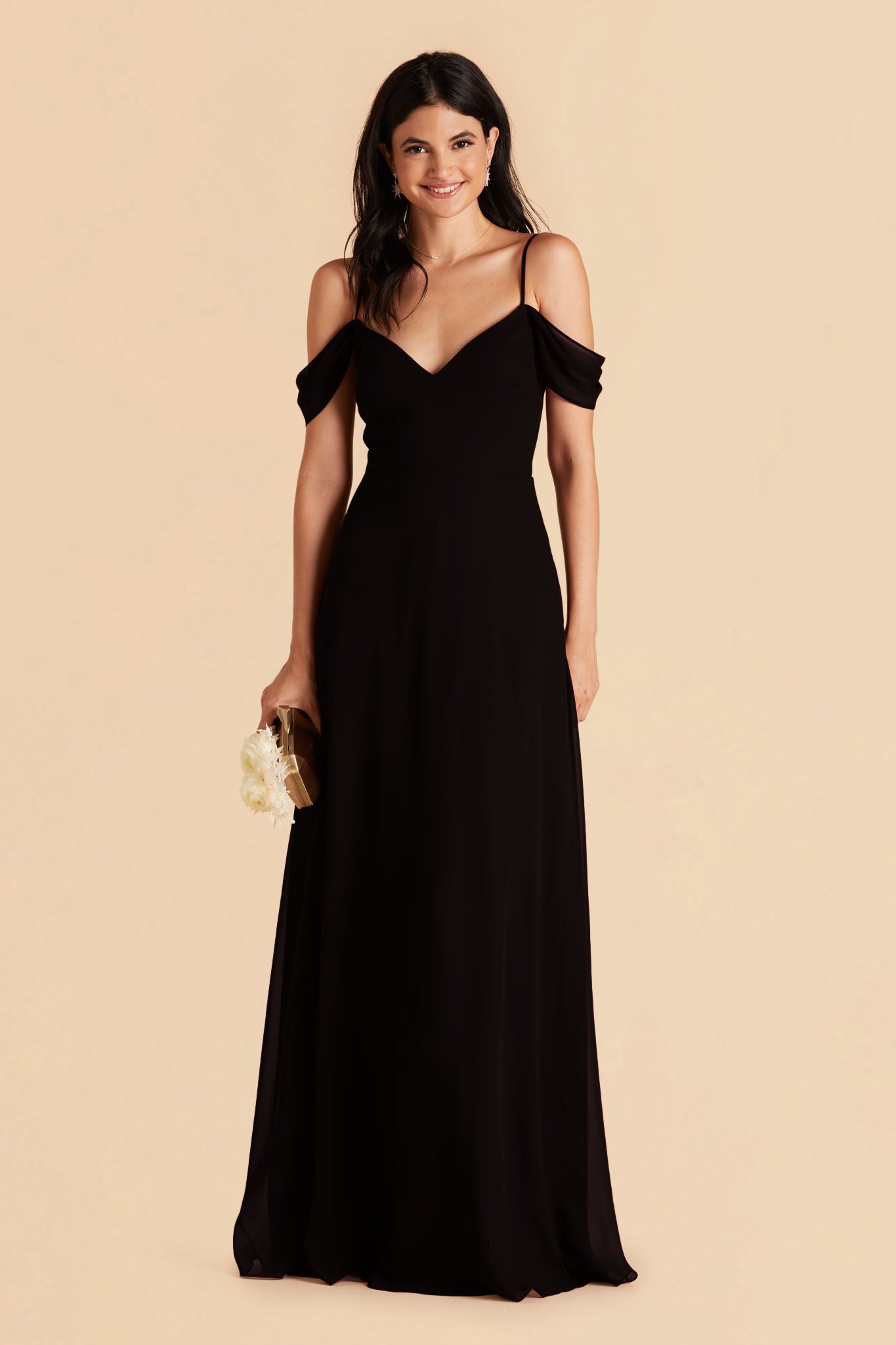 Long floor-sweeping black chiffon bridesmaid dress with a V-neckline and sleeves