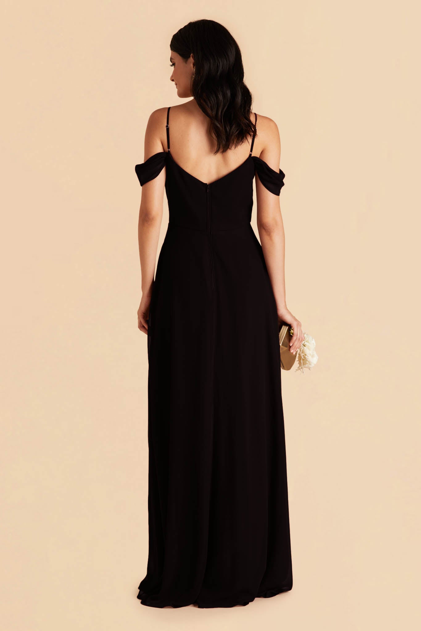 Long floor-sweeping black chiffon bridesmaid dress and sleeves