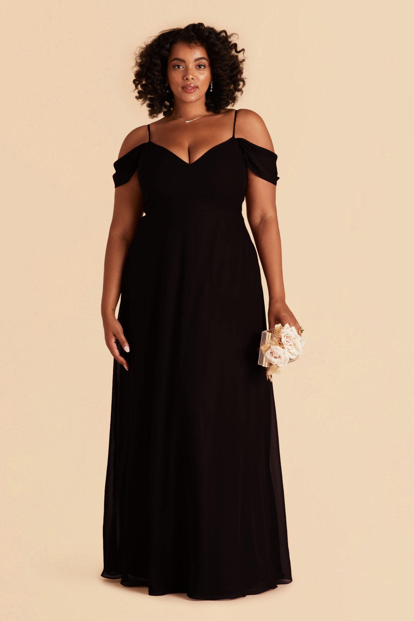 Plus size Long floor-sweeping black chiffon bridesmaid dress with a V-neckline and  sleeves