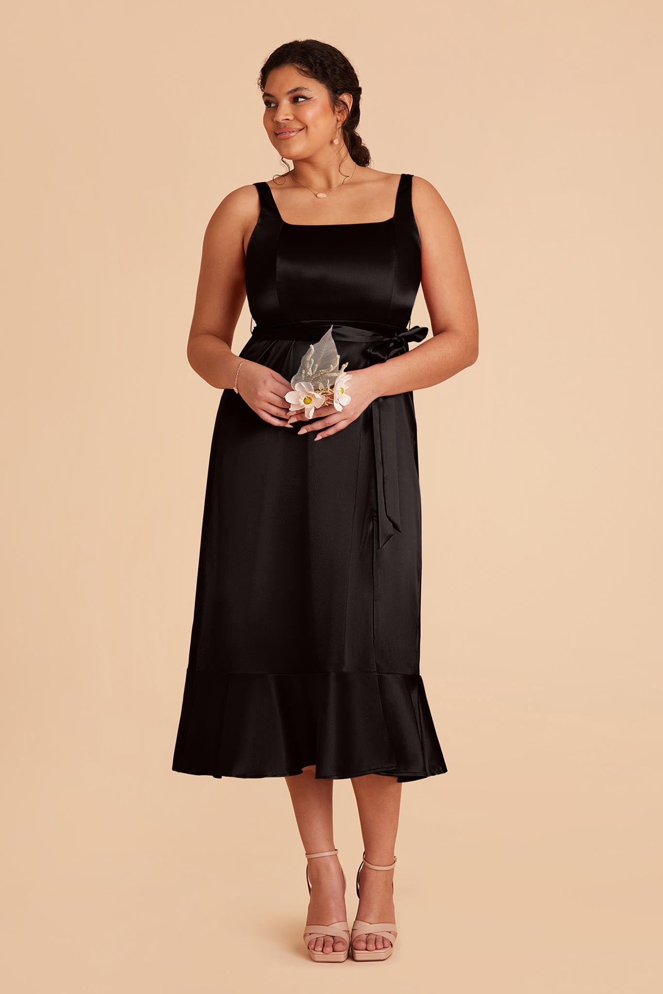 Eugenia Shiny Satin Convertible Midi Dress - Black