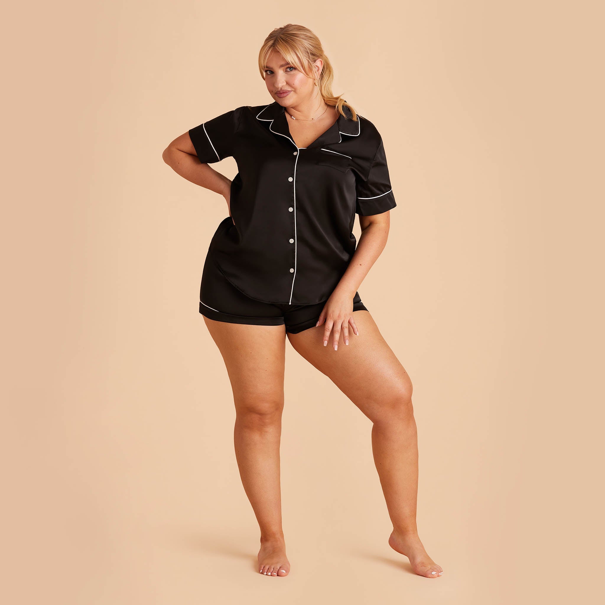 Jonny Satin Short Sleeve Bridesmaid Pajamas With White Piping in black, front view