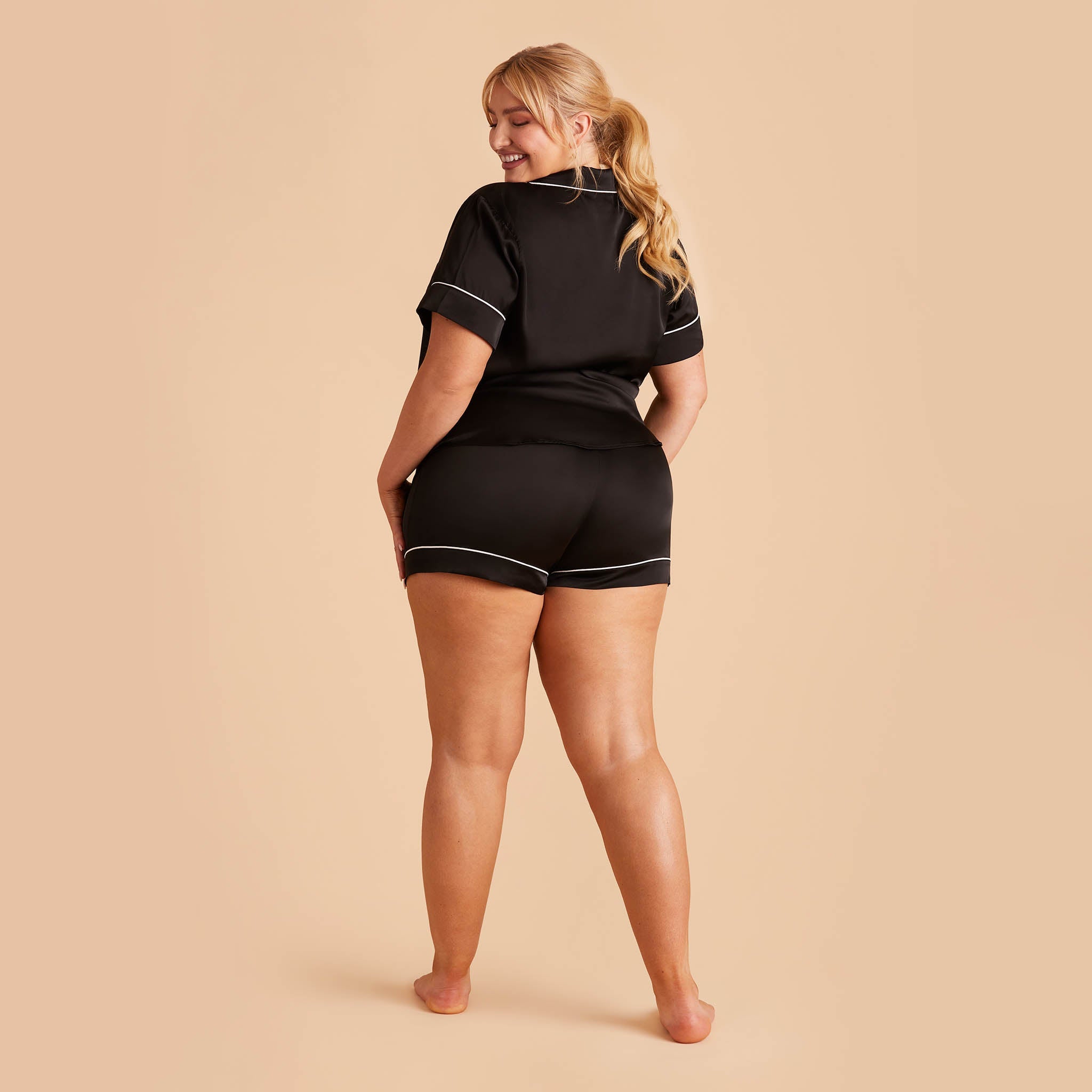 Jonny Plus Size Satin Shorts Bridesmaid Pajamas With White Piping in Black, back view