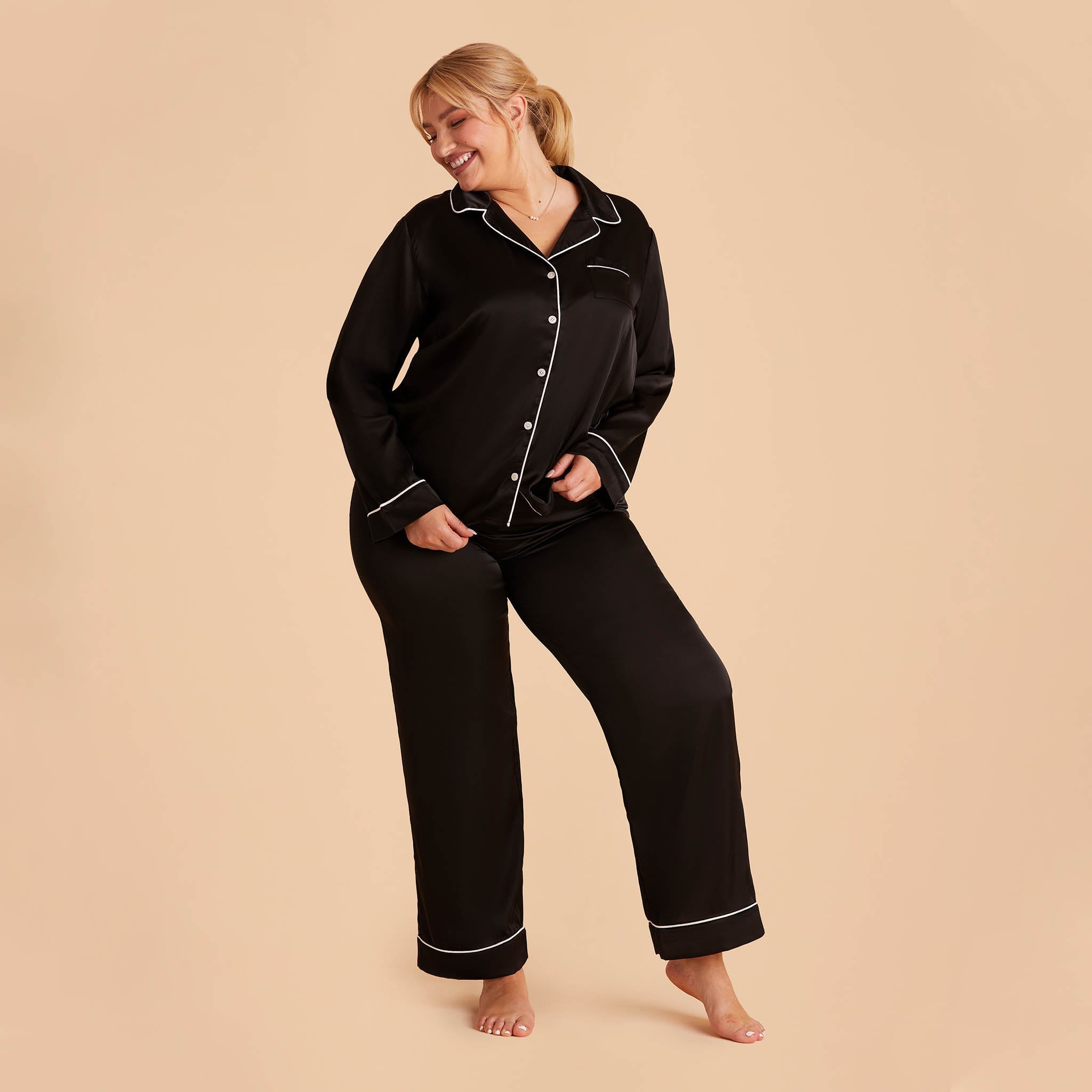 Jonny Plus Size Satin Long Sleeve Pajama Top With White Piping in black, front view