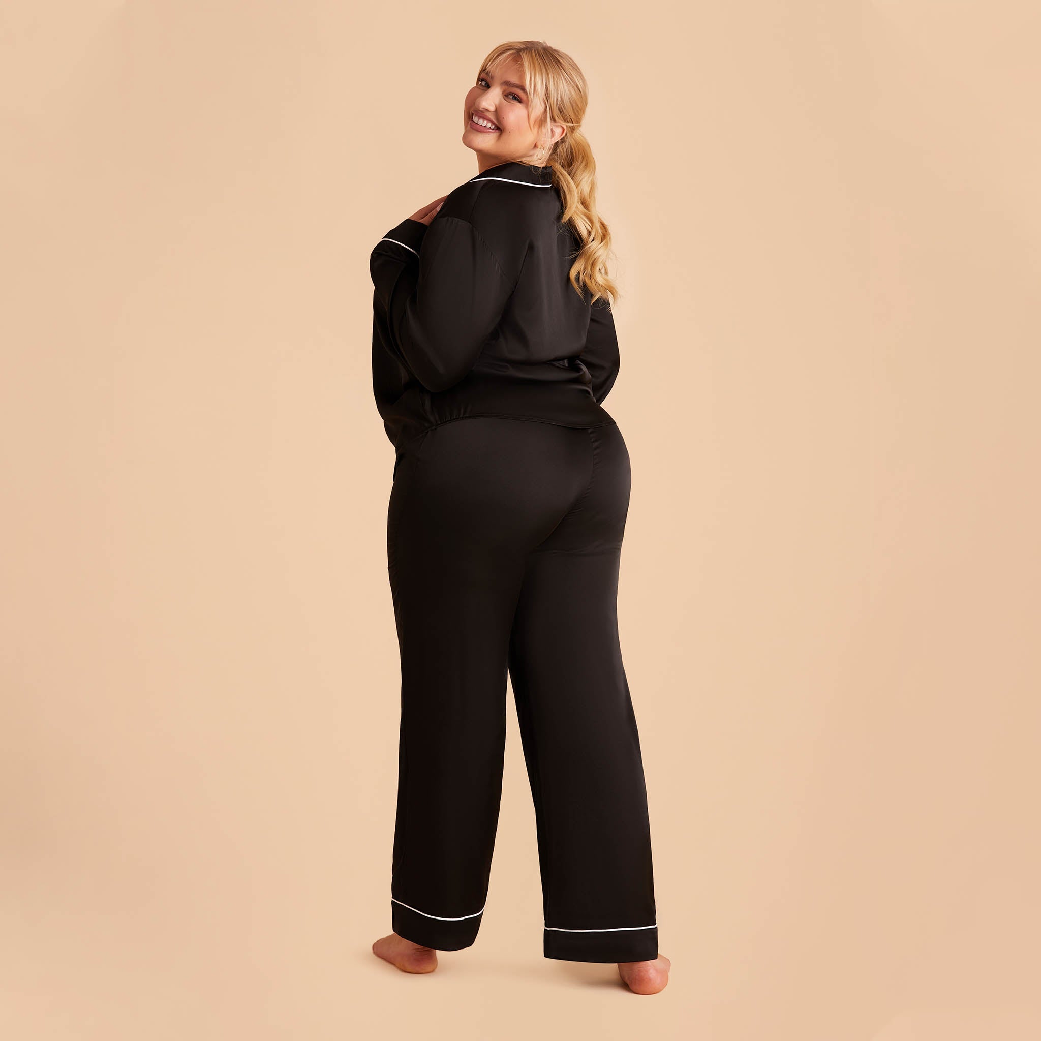 Jonny Plus Size Satin Long Sleeve Pajama Top With White Piping in black, back view