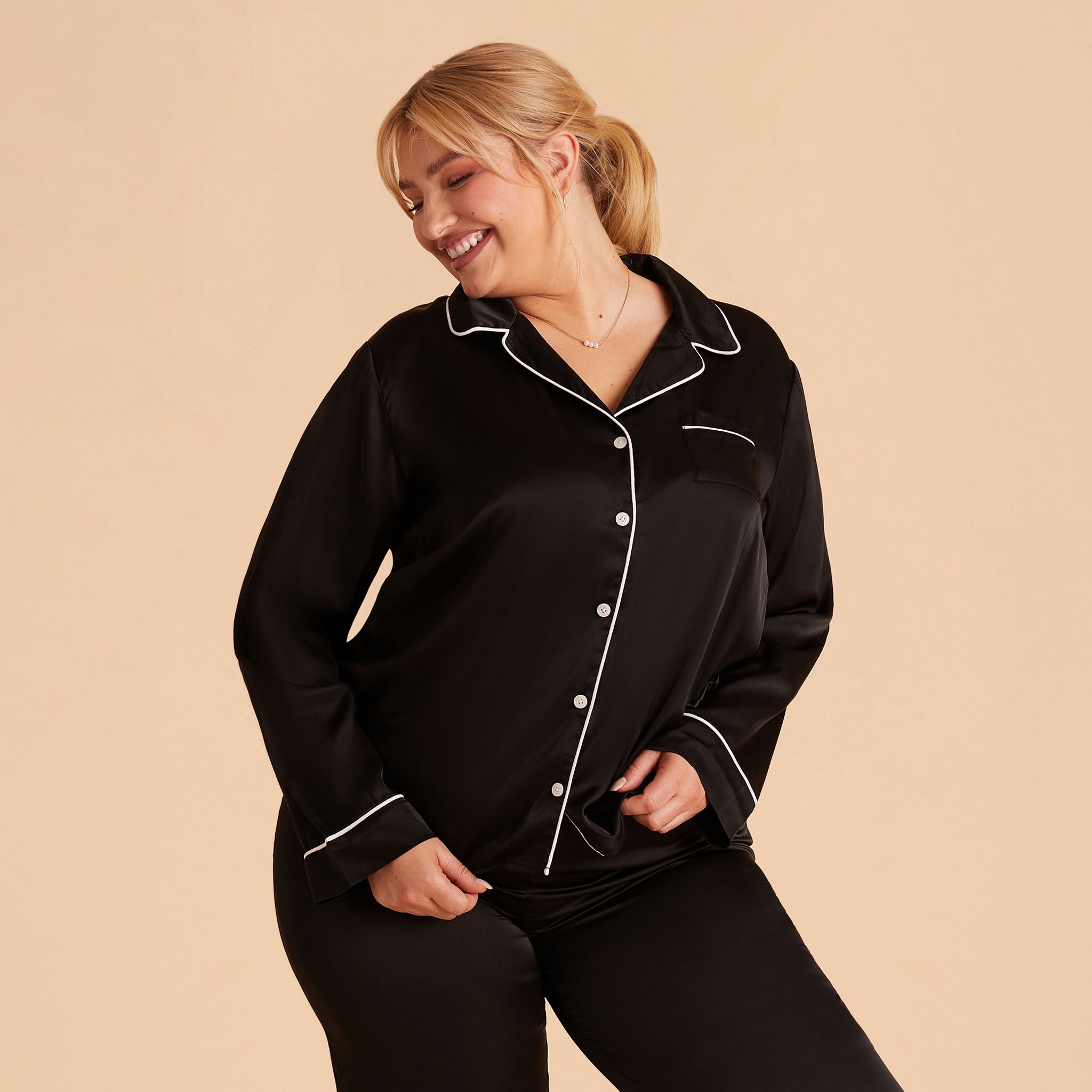 Jonny Plus Size Satin Long Sleeve Pajama Top With White Piping in black, front view