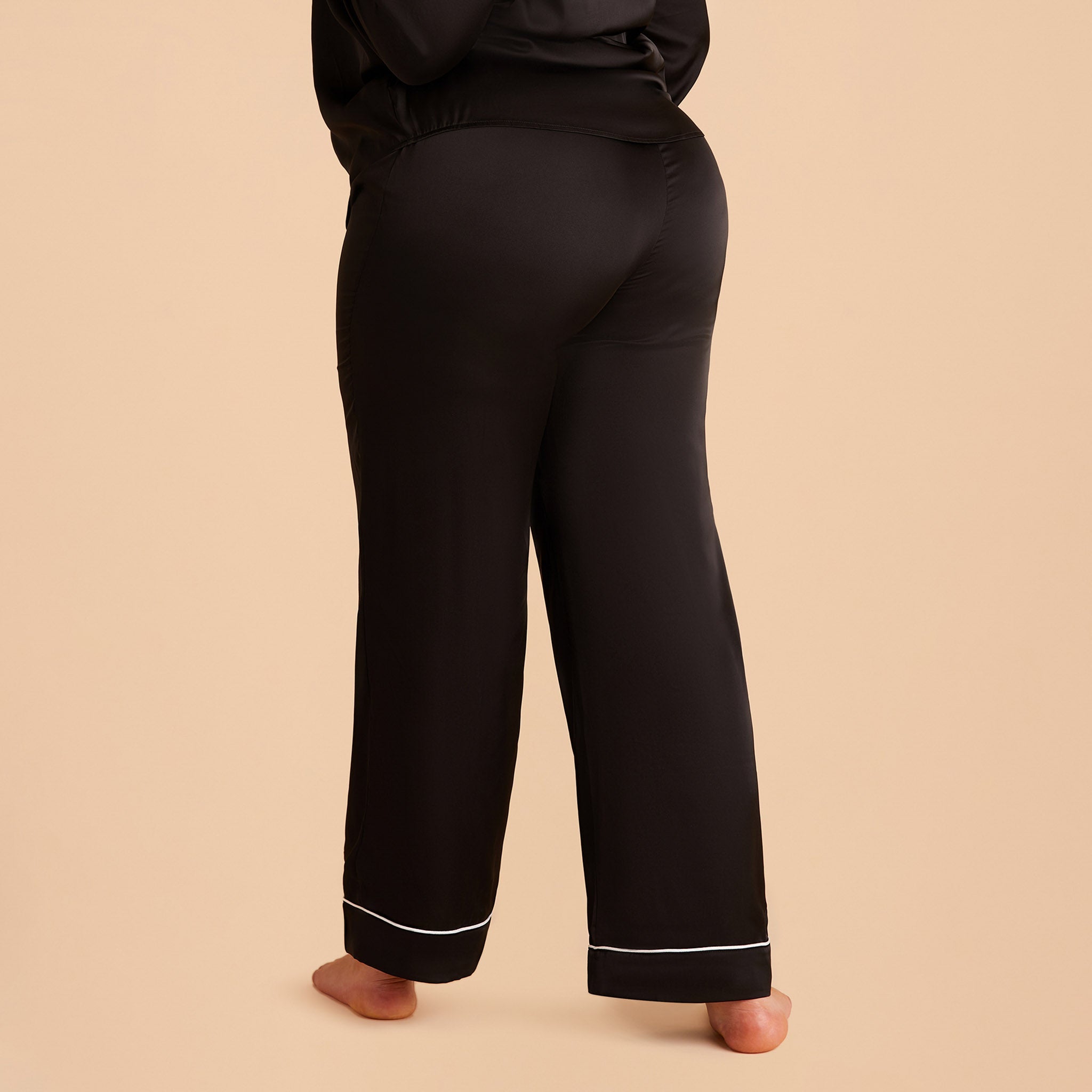 Jonny Plus Size Satin Pants Bridesmaid Pajamas With White Piping in black, back view