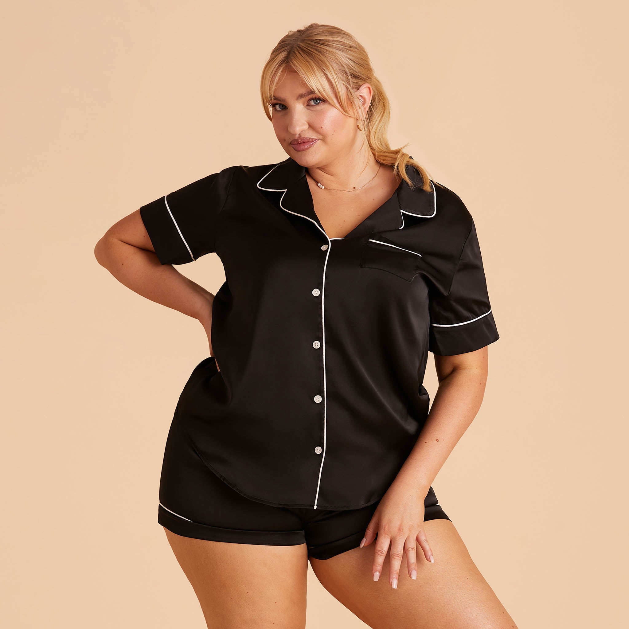 Jonny Satin Short Sleeve Bridesmaid Pajamas With White Piping in black, front view