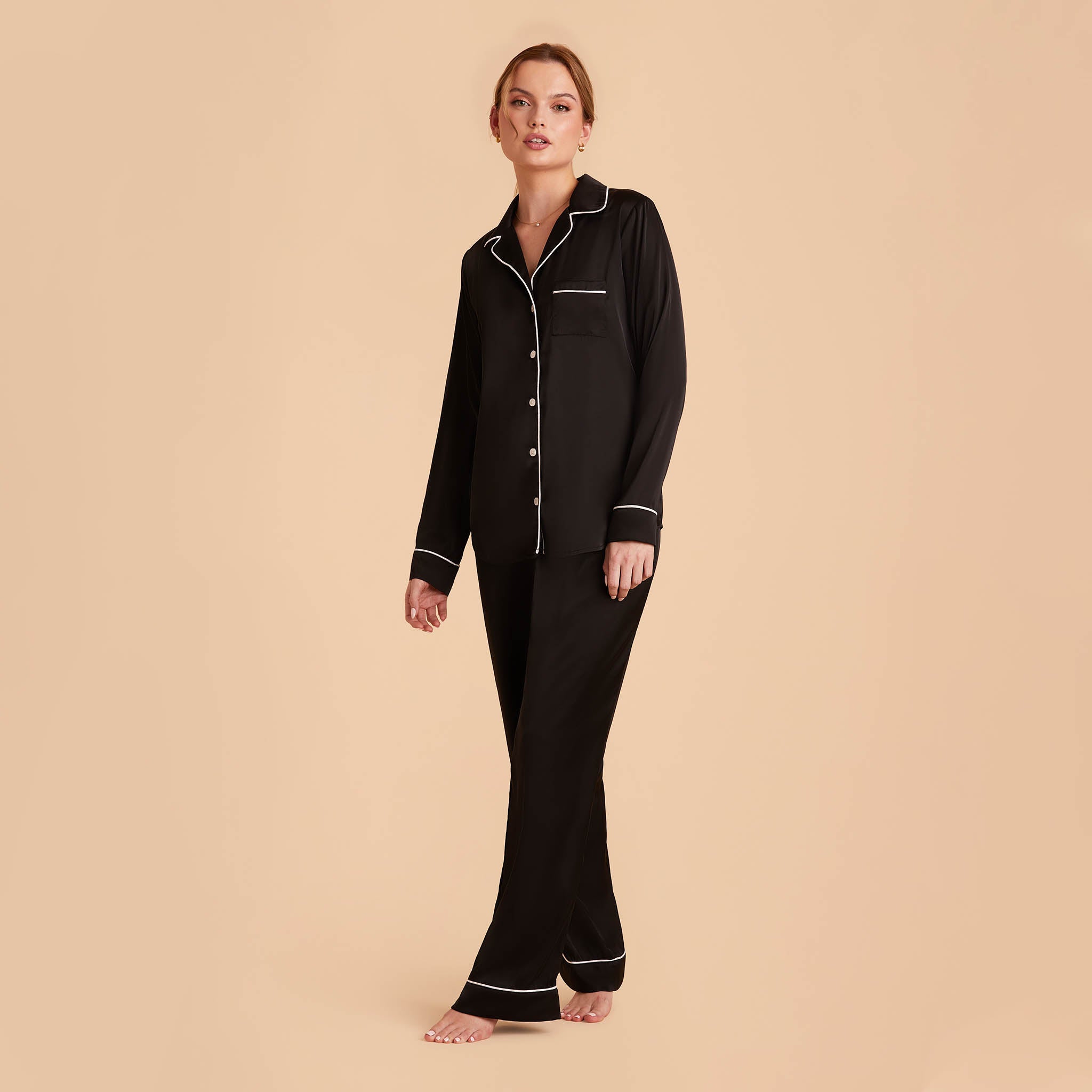 Jonny Satin Long Sleeve Pajama Top With White Piping in black, front view