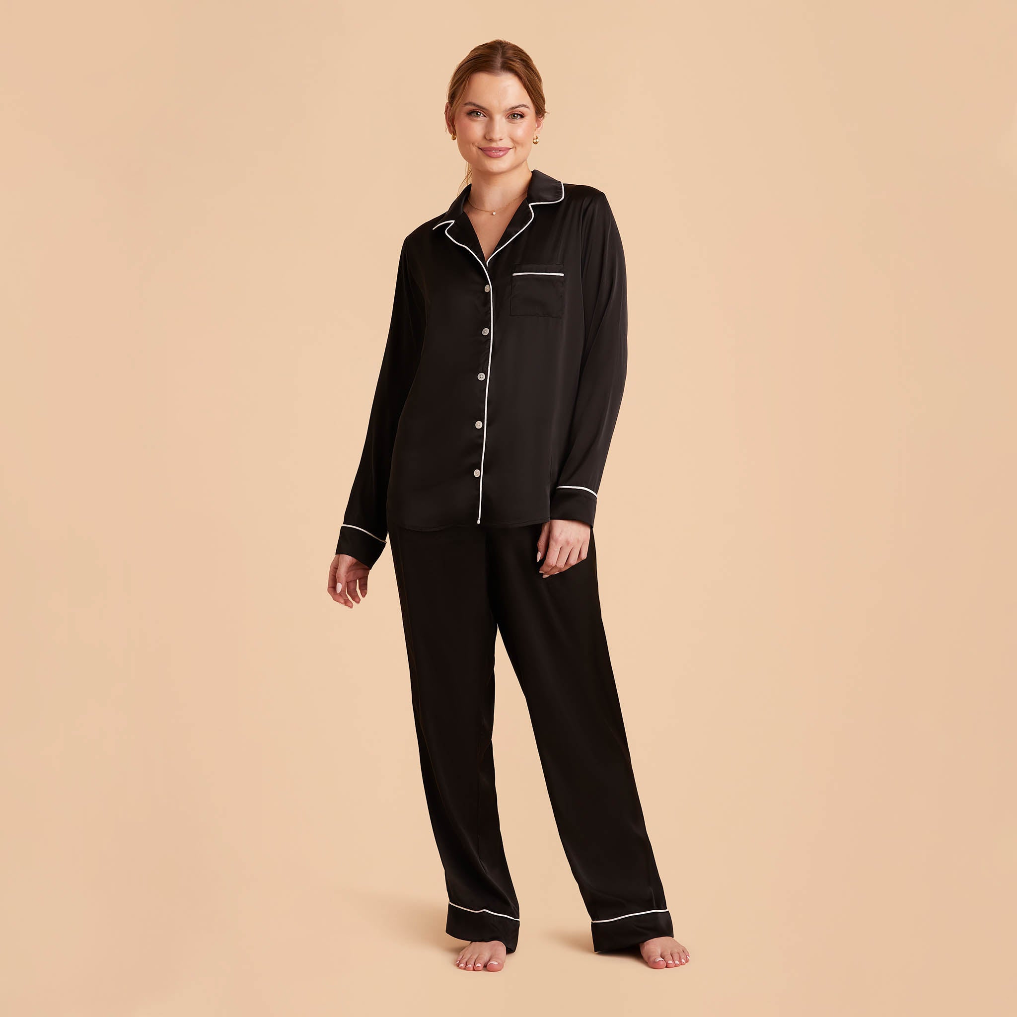 Jonny Satin Long Sleeve Pajama Top With White Piping in black, front view