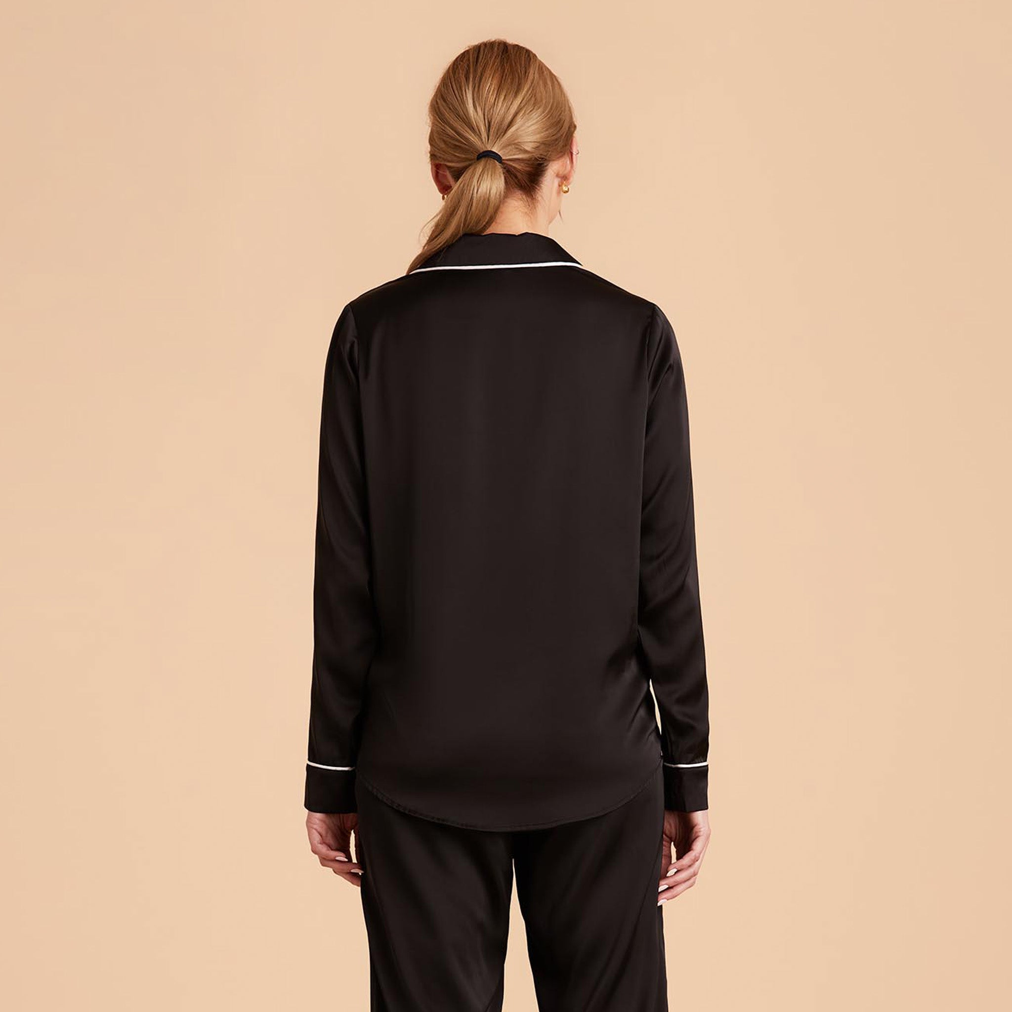 Jonny Satin Long Sleeve Pajama Top With White Piping in black, back view