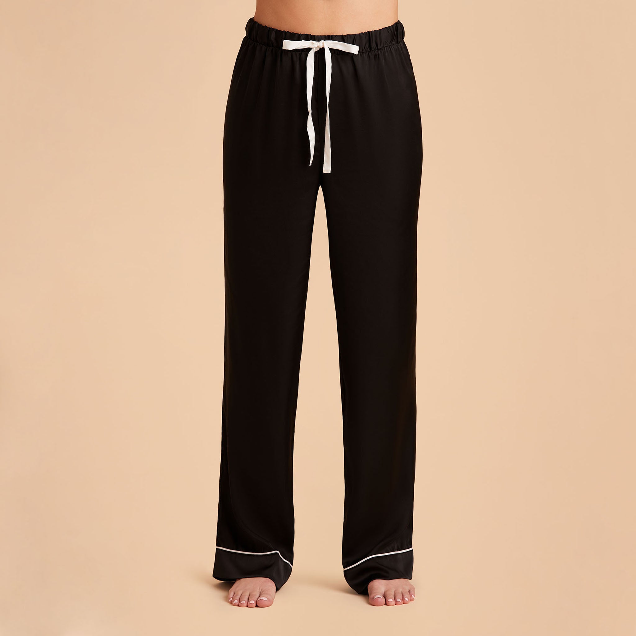 Jonny Satin Pants Bridesmaid Pajamas With White Piping in black, front view