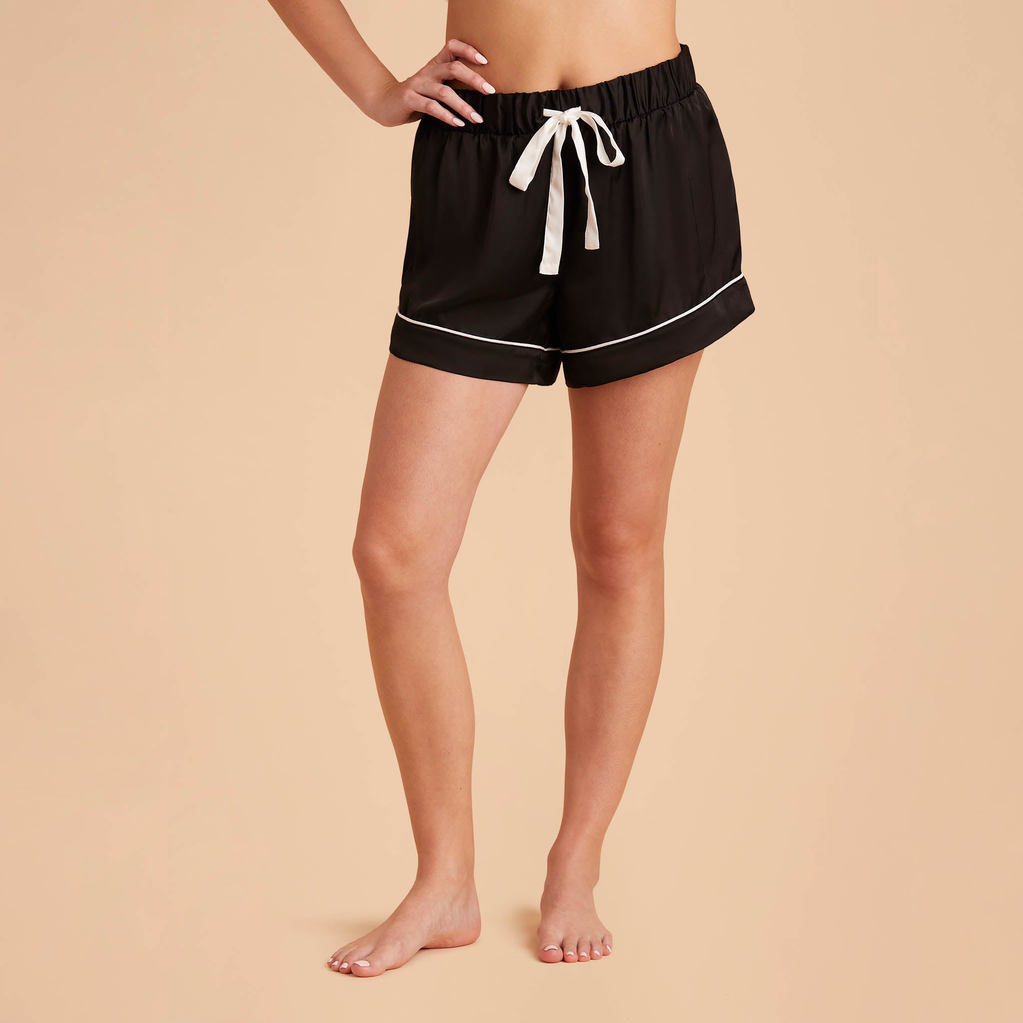 Jonny Satin Shorts Bridesmaid Pajamas With White Piping in Black, front view