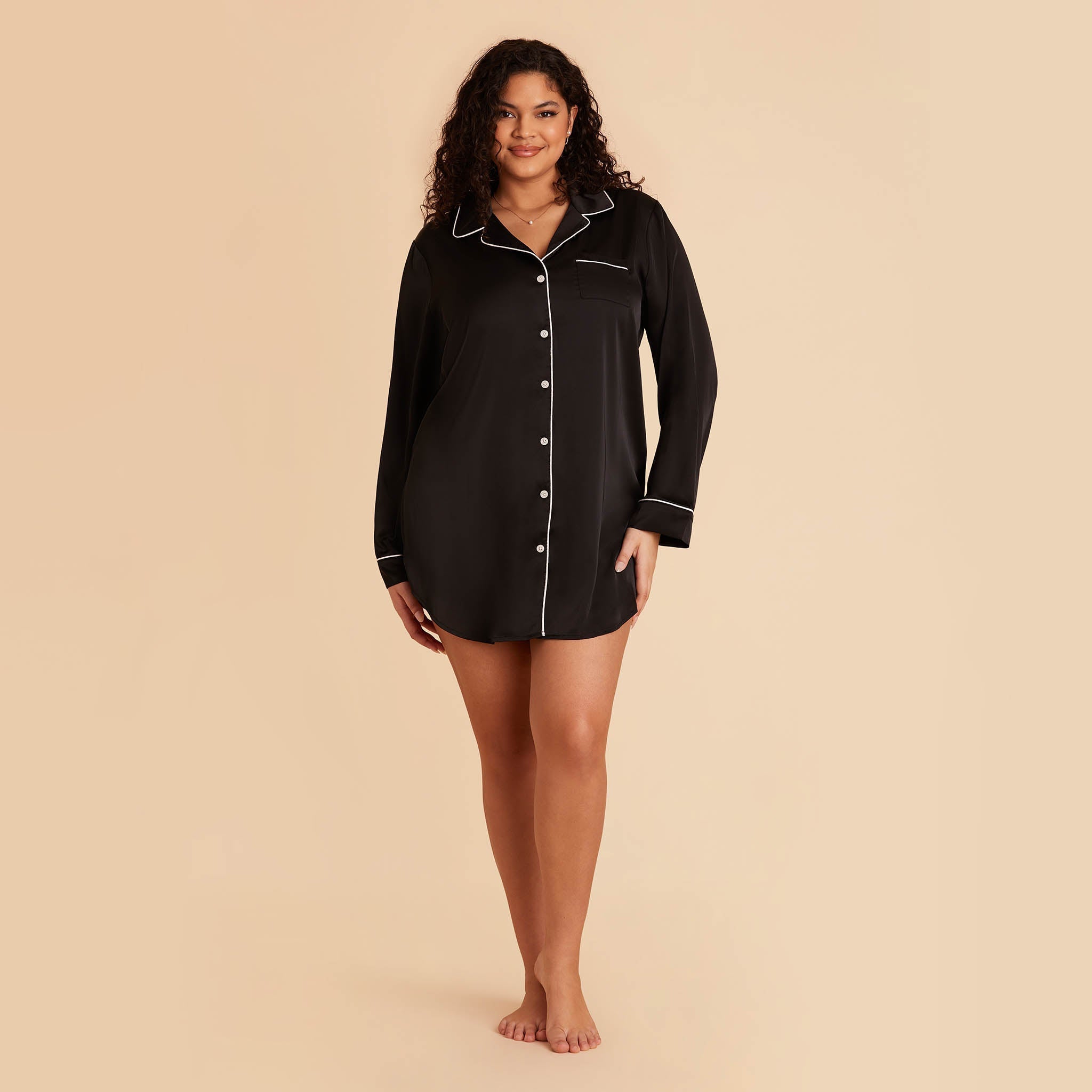 Plus Size Satin Sleepshirt in black by Birdy Grey, front view