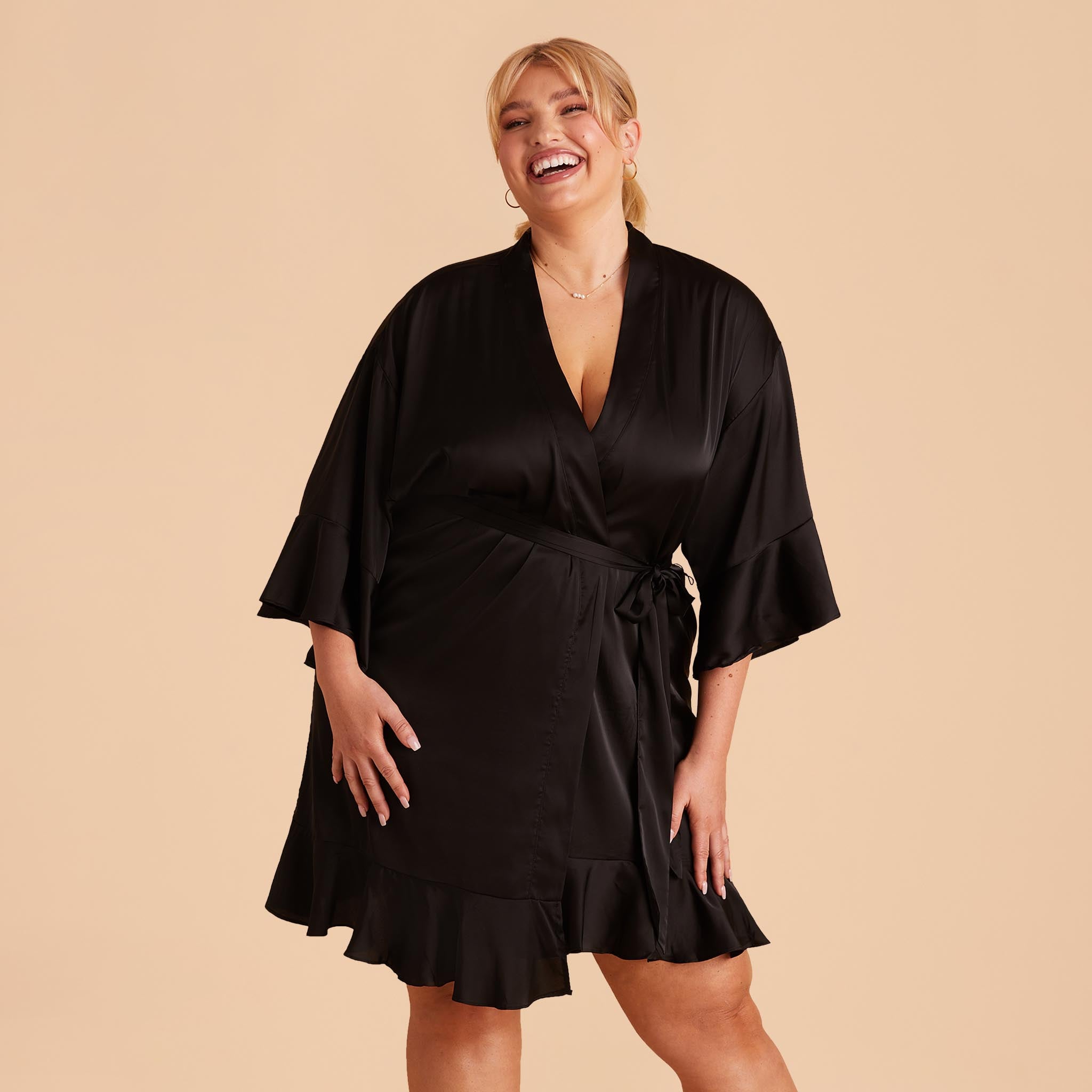 Kenny Ruffle Robe in black satin by Birdy Grey, front view