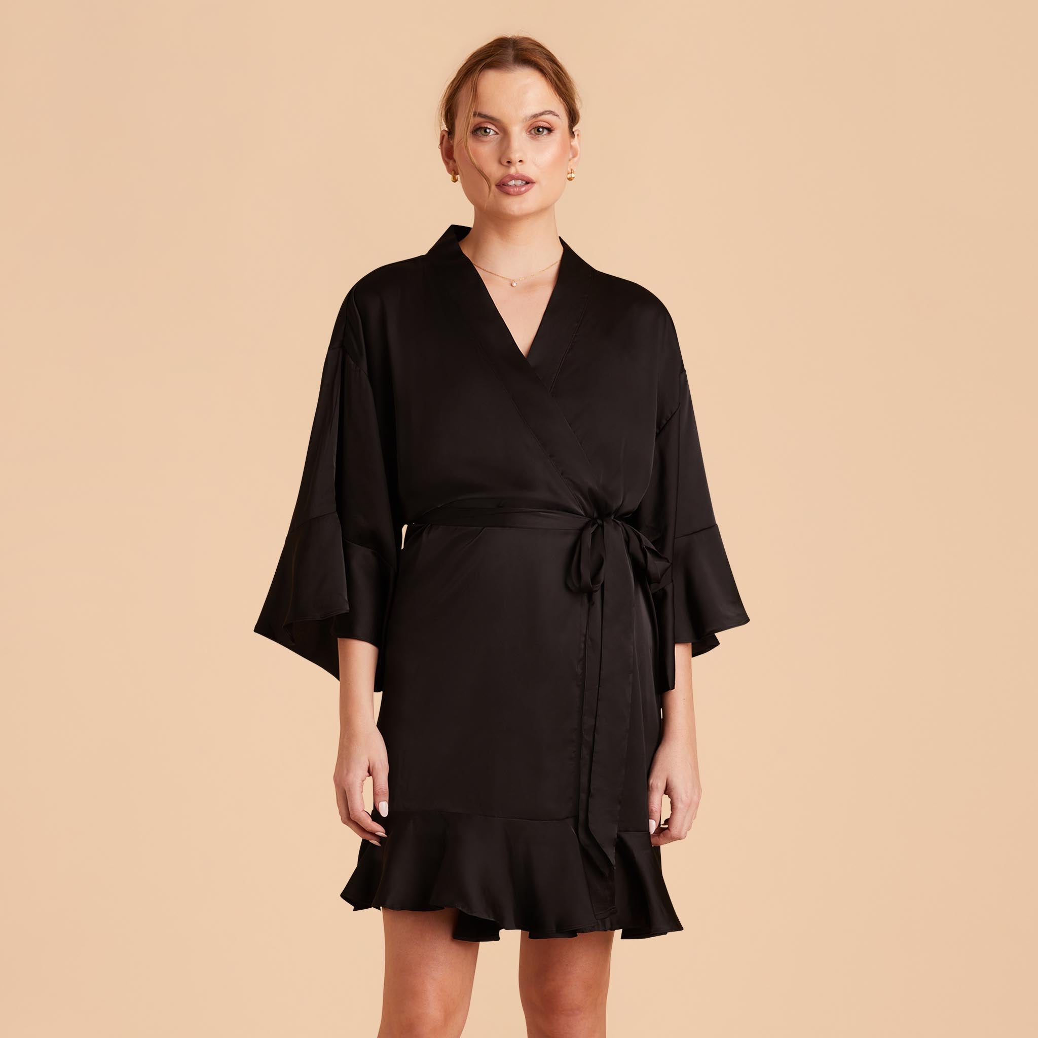 Kenny Ruffle Robe in black satin by Birdy Grey, front view