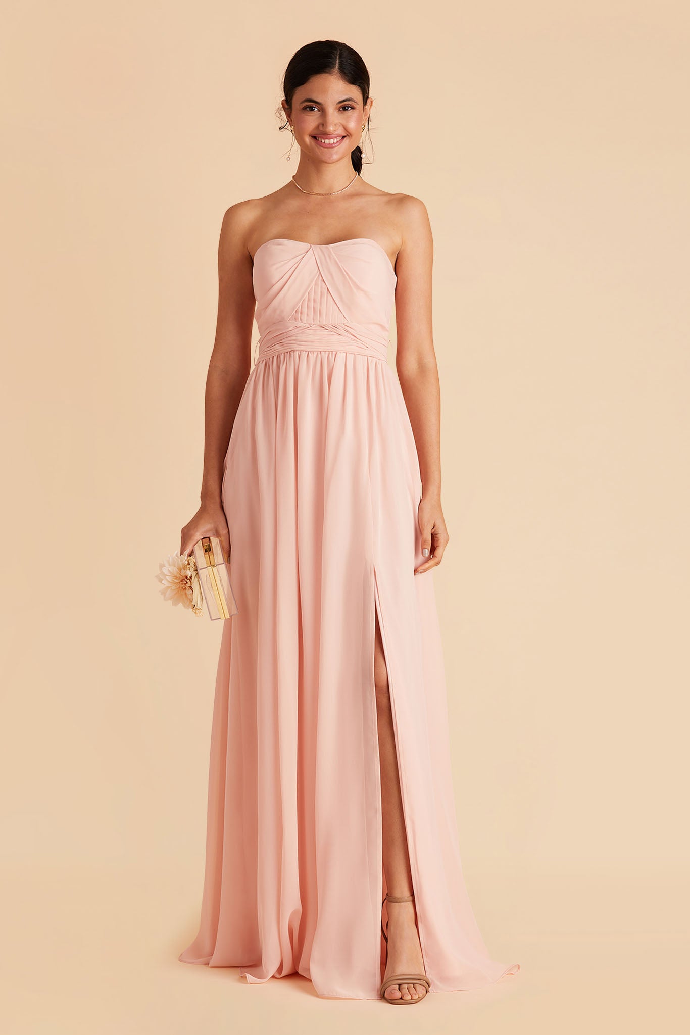 Grace bridesmaid dress with slit in blush pink chiffon by Birdy Grey, front view