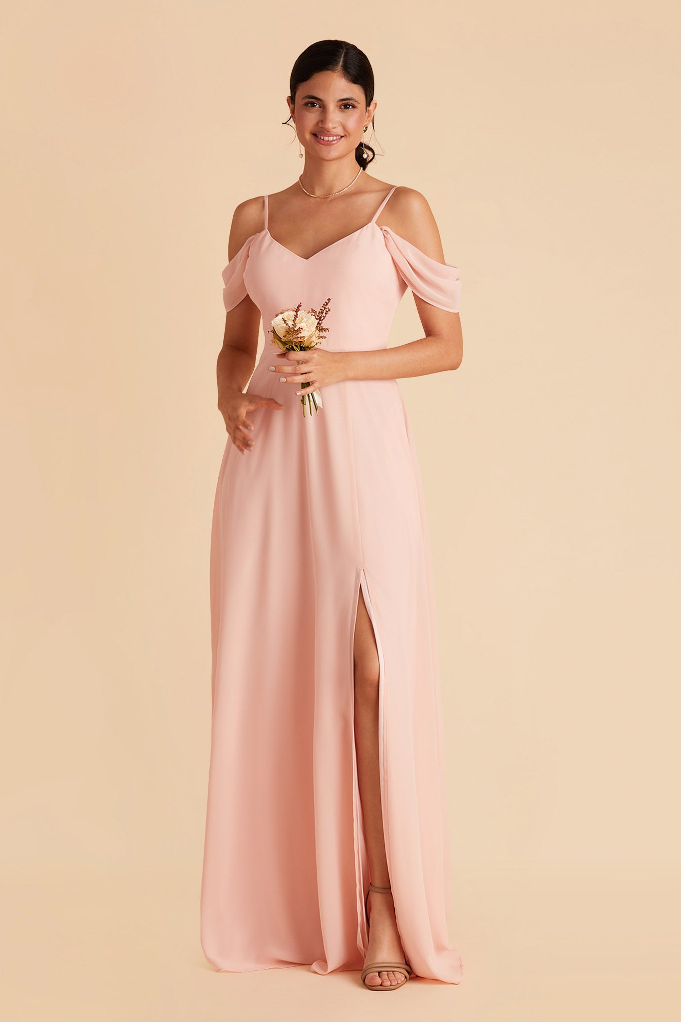 Devin convertible bridesmaid dress with slit in blush pink chiffon by Birdy Grey, front view