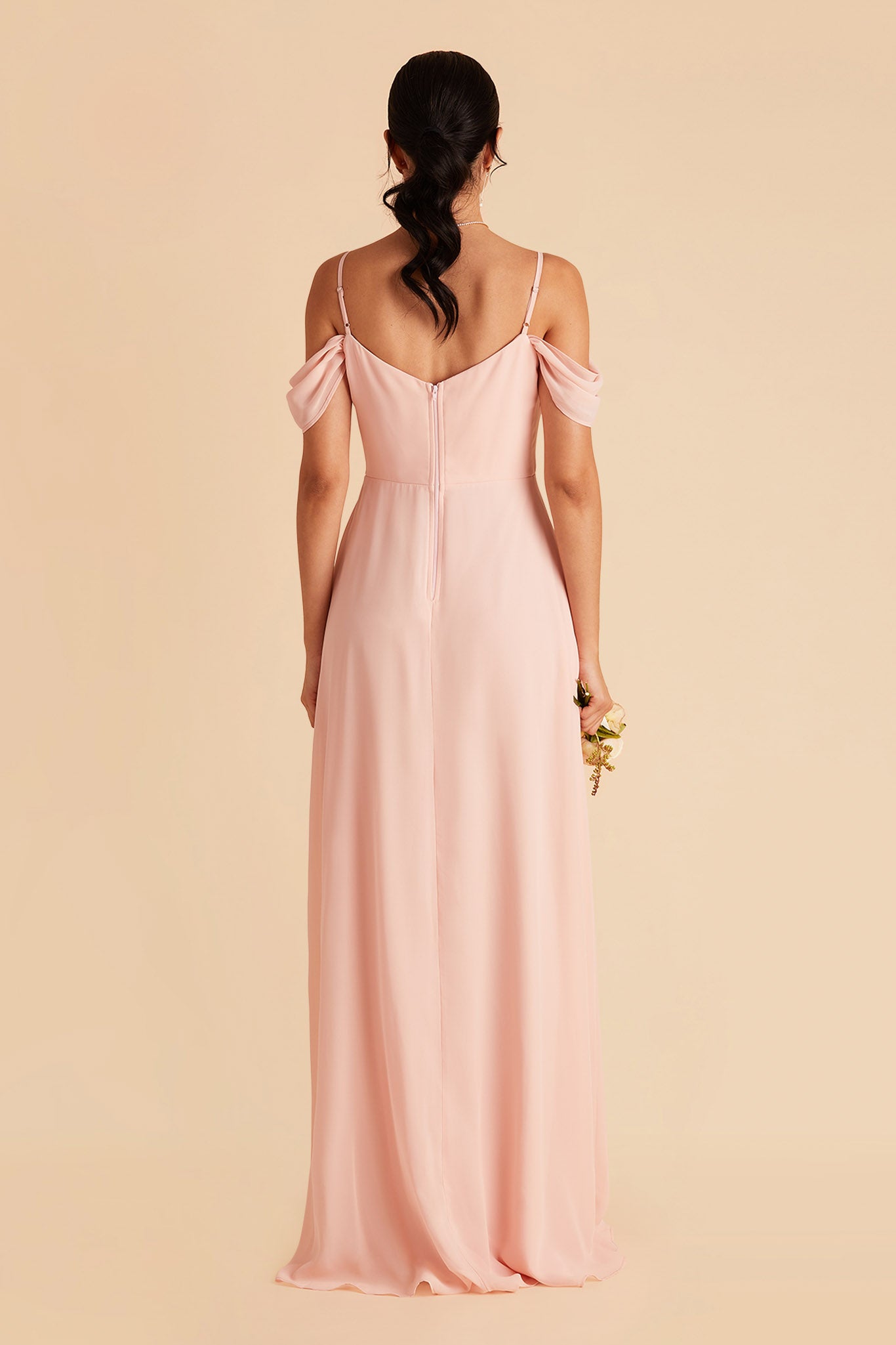 Devin convertible bridesmaid dress with slit in blush pink chiffon by Birdy Grey, back view