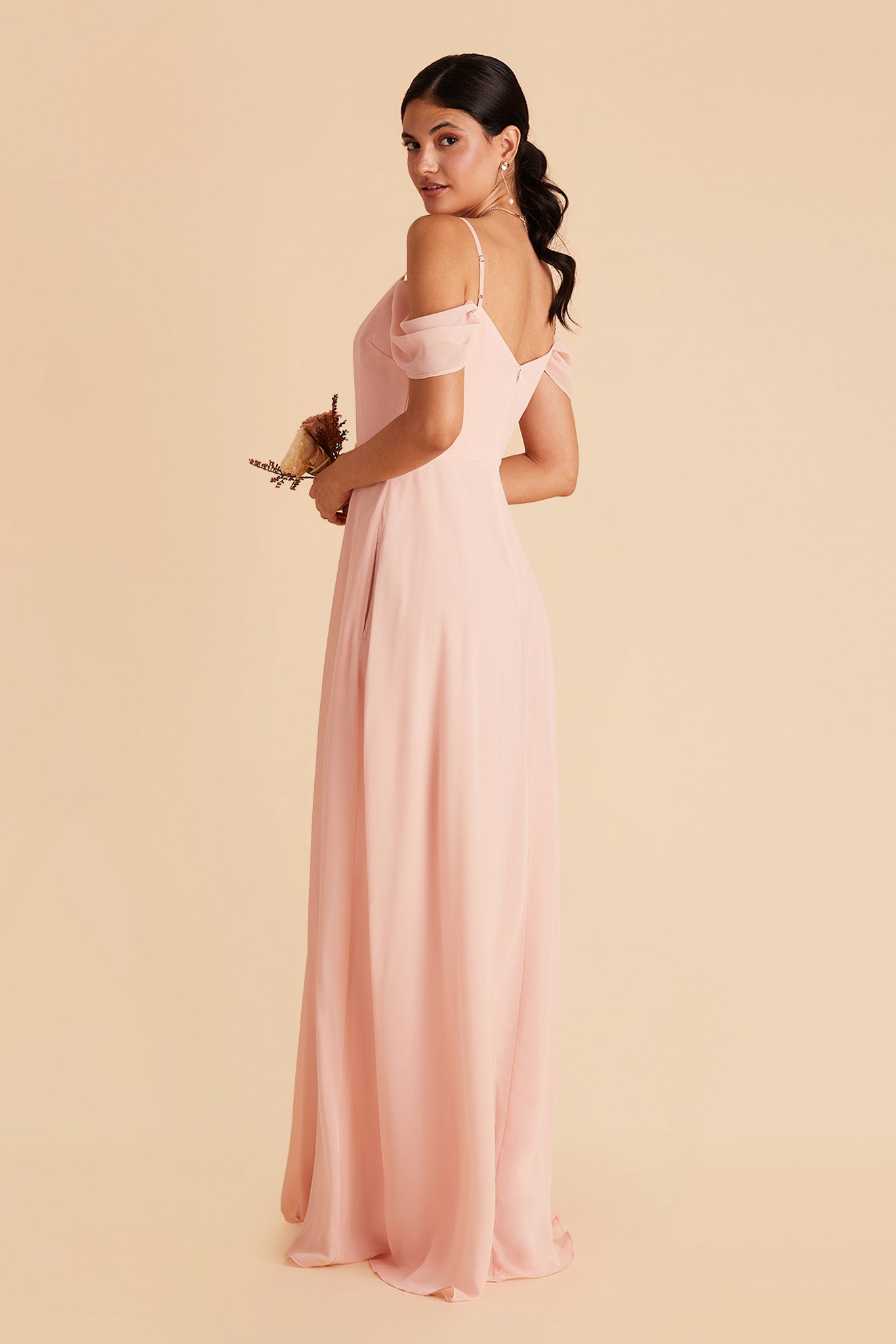 Devin convertible bridesmaid dress with slit in blush pink chiffon by Birdy Grey, side view