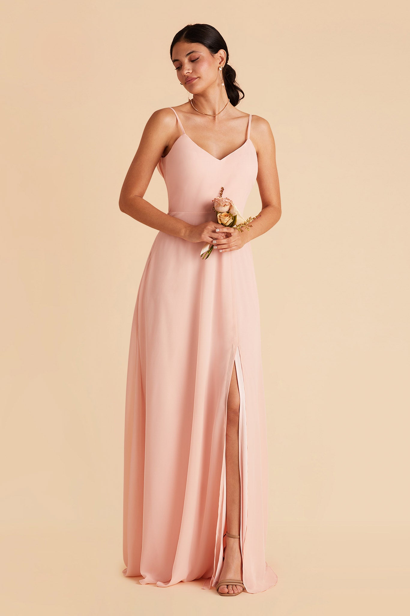 Devin convertible bridesmaid dress with slit in blush pink chiffon by Birdy Grey, front view