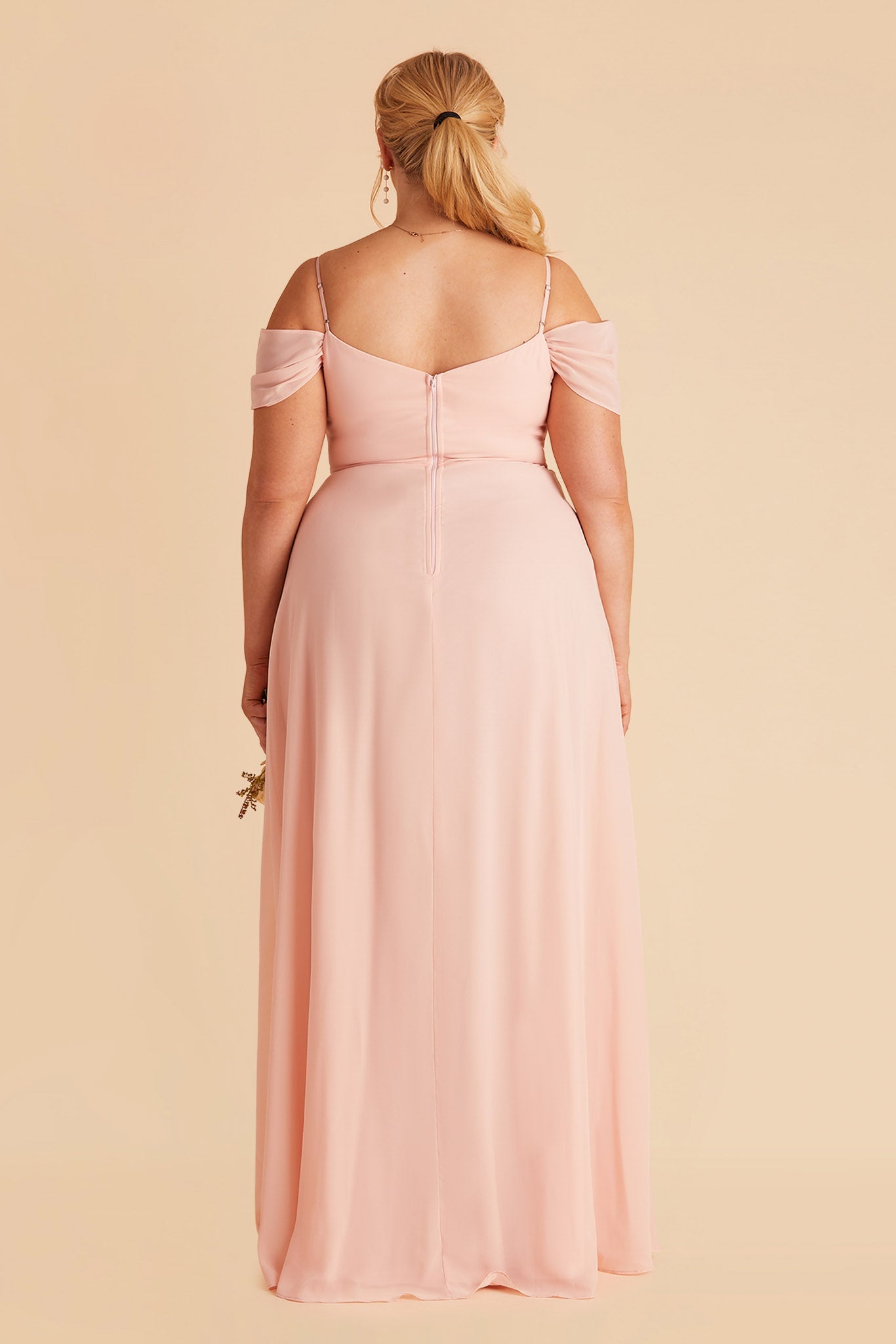 Devin plus size convertible bridesmaid dress with slit in neutral champagne chiffon by Birdy Grey, back view