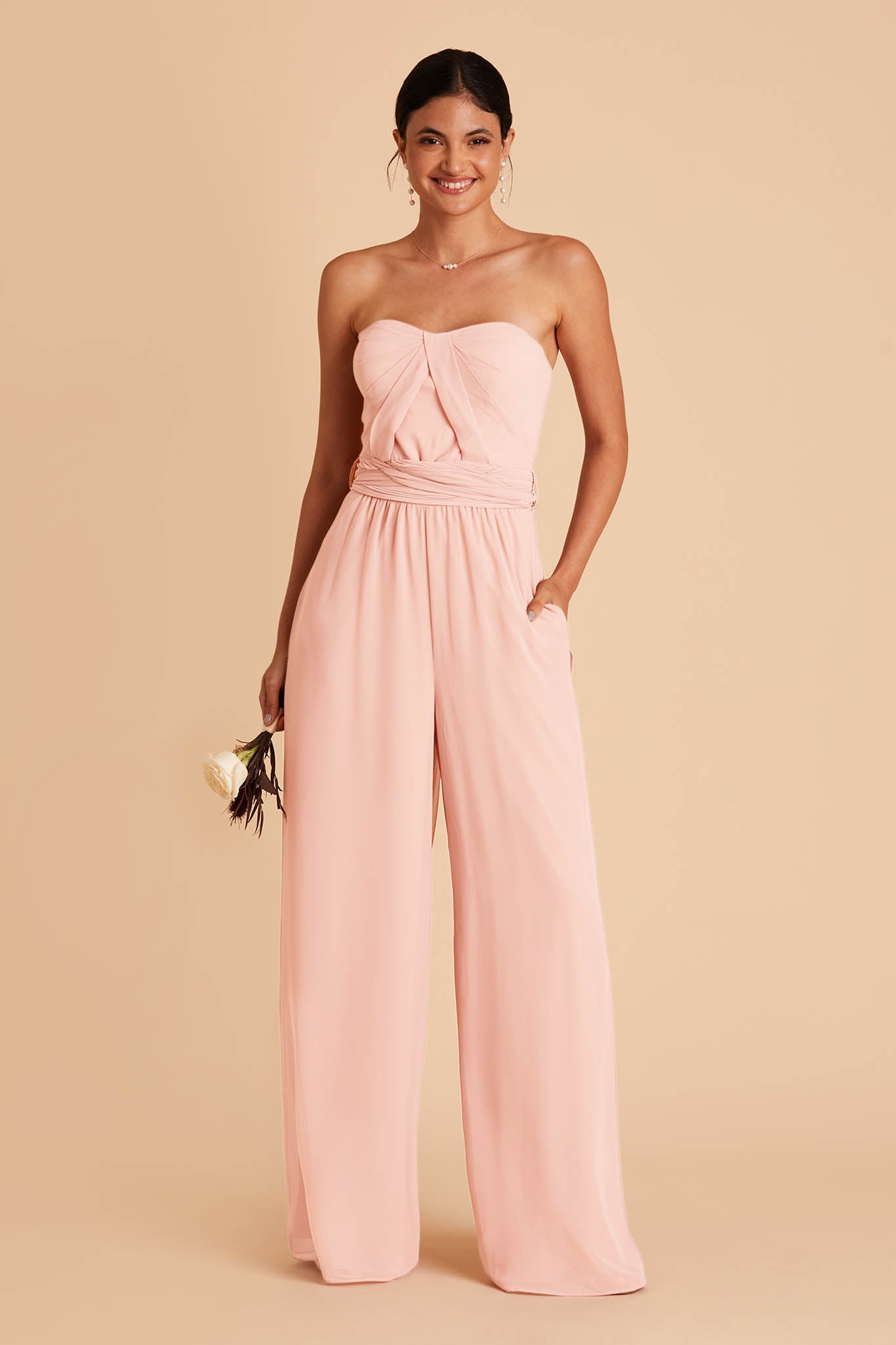 light pink  wedding jumpsuit with sweetheart bodice with convertible neckline