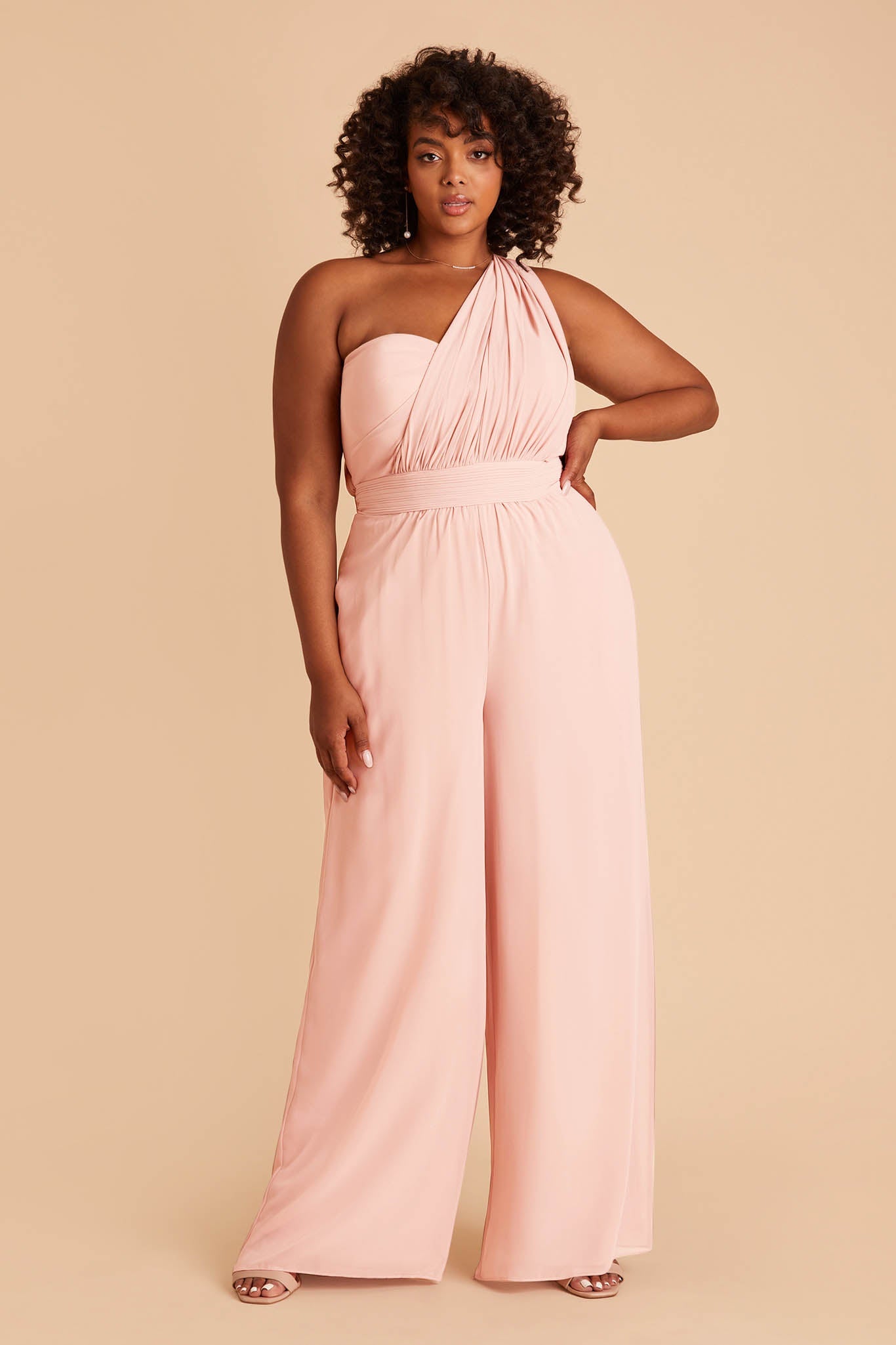 Light pink plus size wedding jumpsuit with sweetheart bodice with convertible neckline